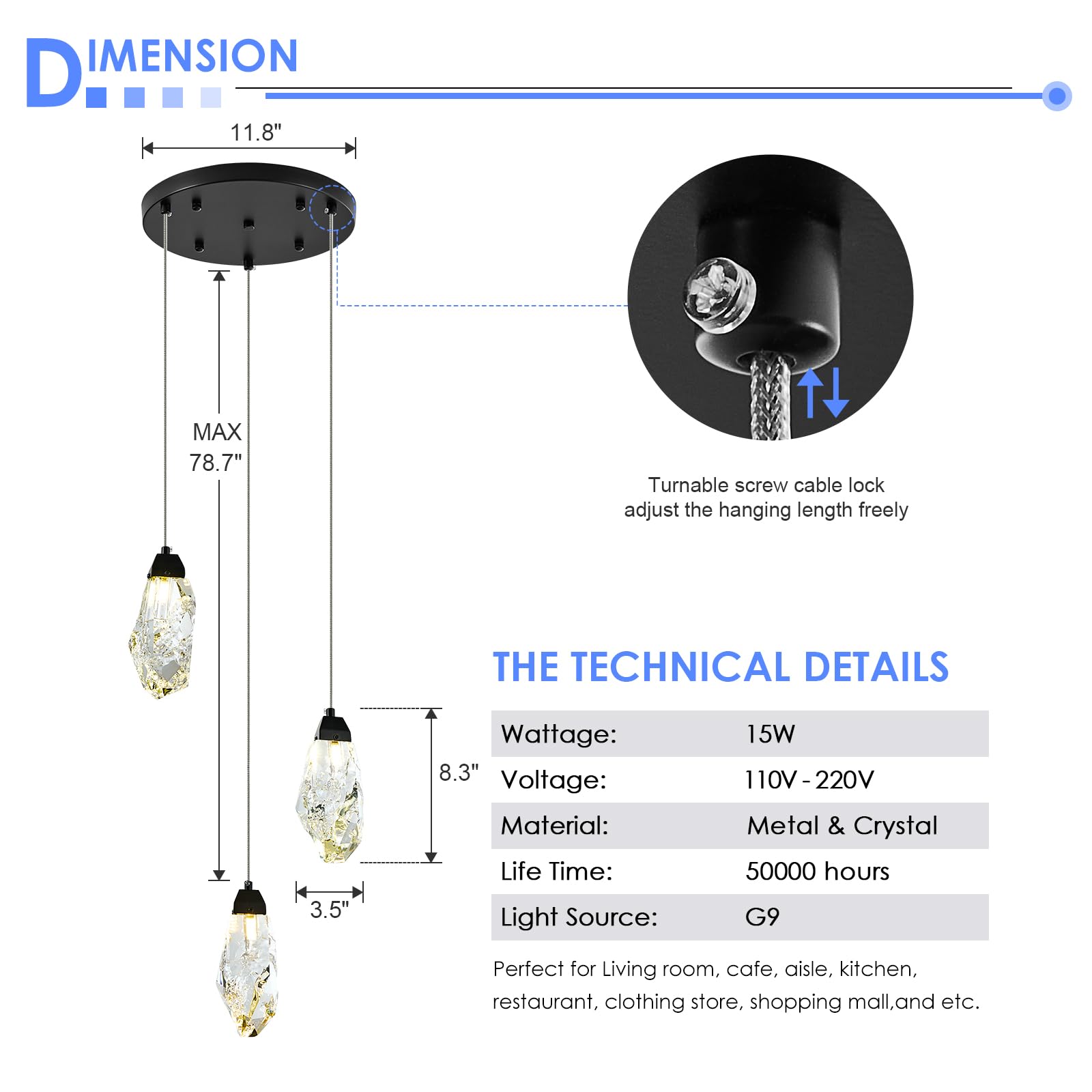 3 Lights Crystal Pendant Light Modern Cluster Chandelier - Dimmable LED Pendant Light Fixture with Brass Teardrop Design - Stylish Lighting for Kitchen Island, Dining Room, Hallway, Bathroom