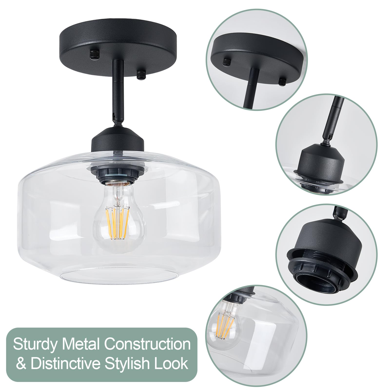 Industrial Ceiling Light Fixture with Frosted Glass Shade,Black Semi Flush Mount Light Fixture for Dining Room, Bedroom, Cafe, Bar, Corridor, Hallway, Entryway, Passway