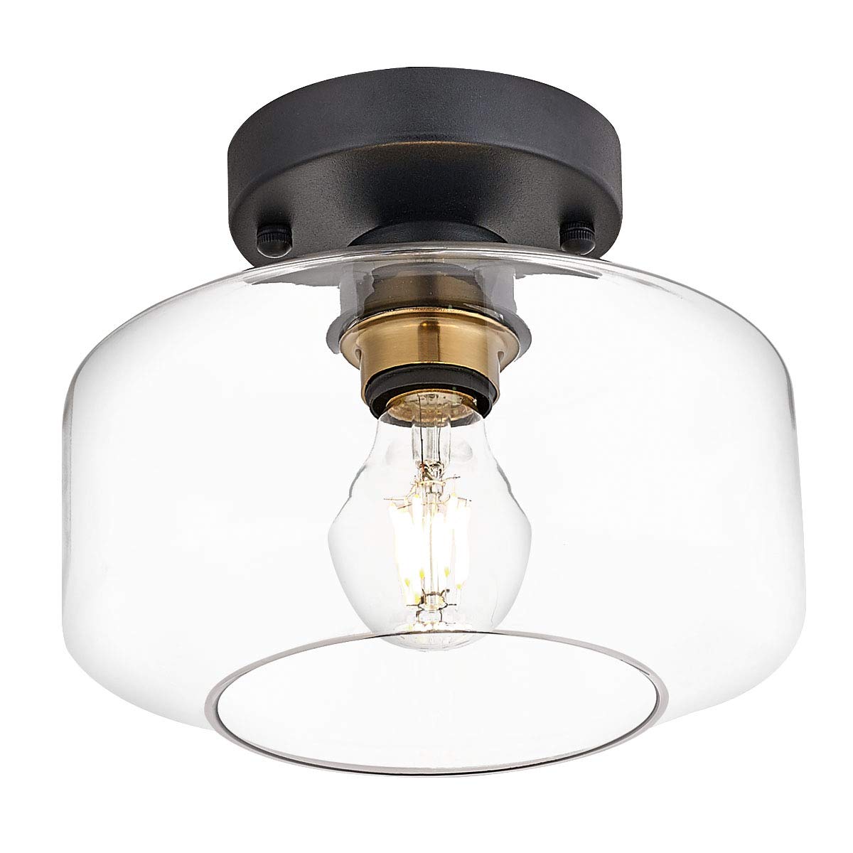 Semi Flush Mount Ceiling Light, 8.66" Clear Glass Shade, Brass Accent Socket, Modern Ceiling Light Fixture with Black Finish for Kitchen, Hallway, Entryway, Dining Room, Cafe, Bar