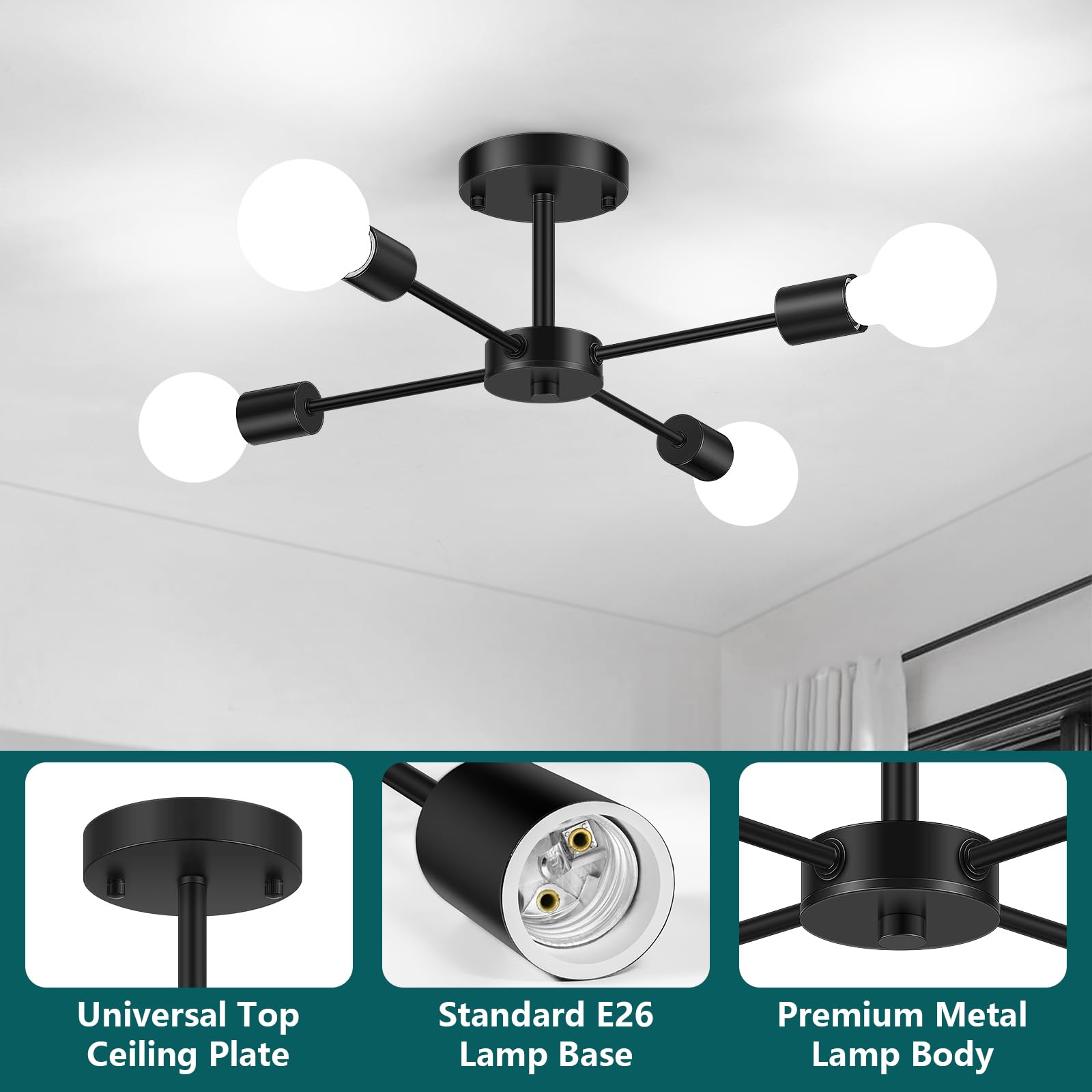 6-Lights Semi Flush Mount Ceiling Light, Matte Black Close to Ceiling Lighting with E26 Base, Modern Sputnik Light Fixtures for Kitchen Dining Room Bedroom Living Room