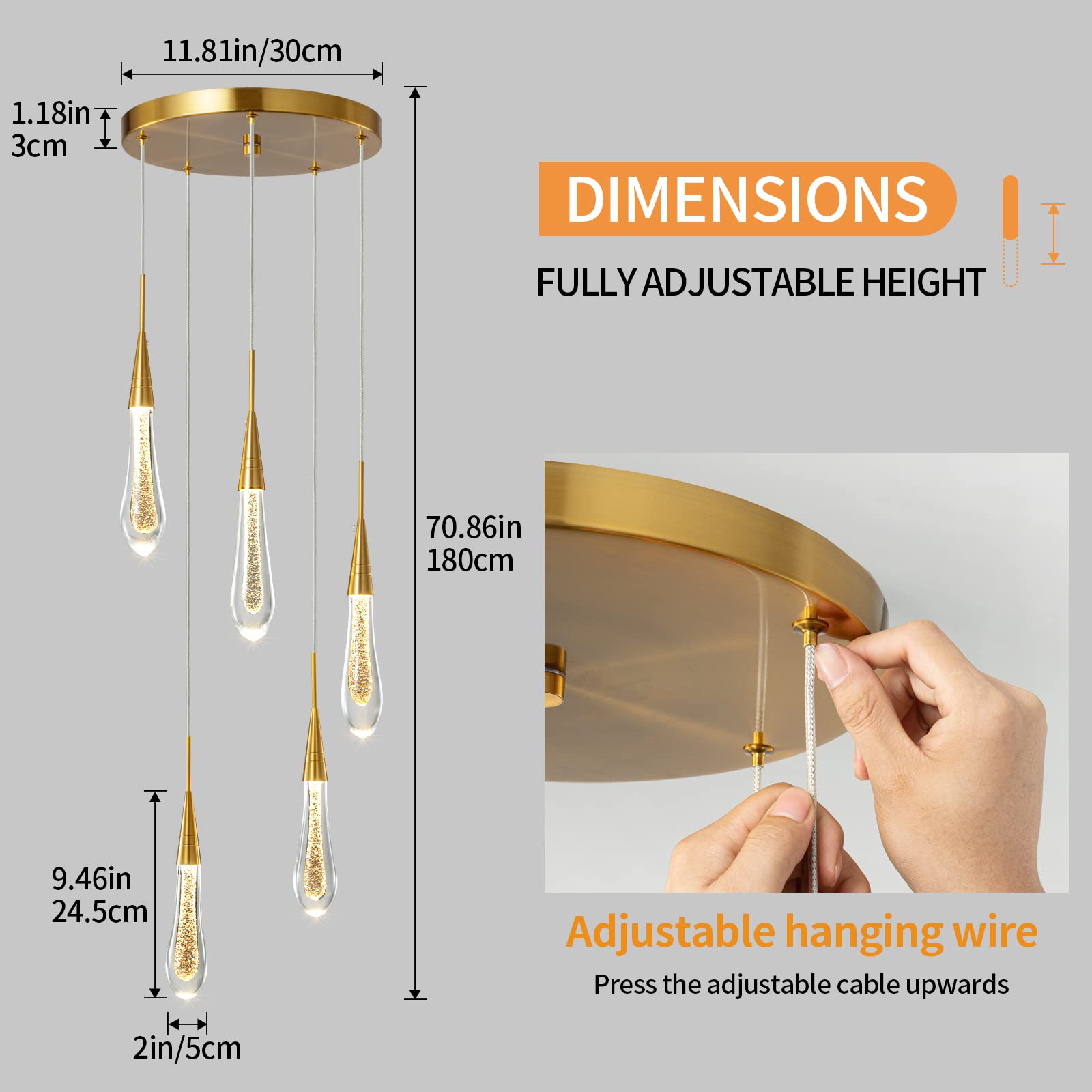 Kitchen Light Fixtures Ceiling Dimmable LED Modern Gold Pendant Light Mini Teardrop Crystal Pendant Light for Kitchen Island Bedroom Hallway Entryway (5-Light)