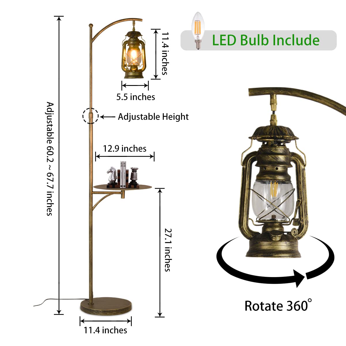 Farmhouse Adjustable Floor Lamps with Tray Lantern Tall Standing lamp for Bedroom Home Decor for Office Cafe Den Living Room Bedroom, On/Off Foot Switch and Brushed Rustic (Bronze)