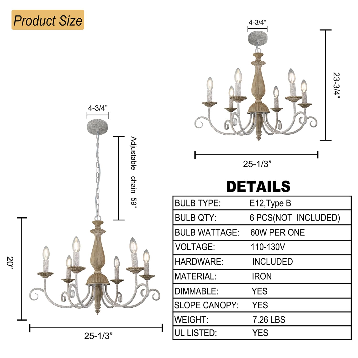 Chandelier Light Fixture Mid Century Modern 6-Lights Candle Style Chandelier Vintage Distressed White Wood Chandelier for Dining Room, Kitchen, Living Room, E12