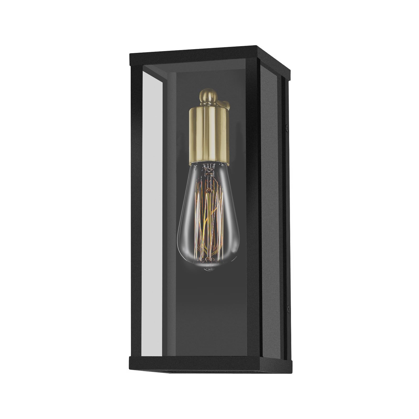 1-Light Outdoor Wall Light, Exterior Porch Light Wall Mount Lantern Sconce, Matte Black & Brushed Brass Finish with Clear Glass Light Fixture, KW-7224