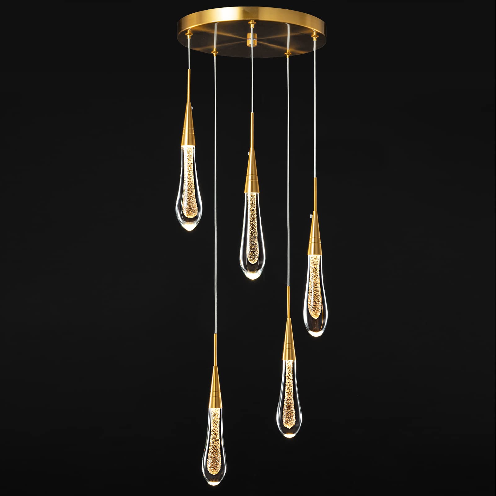 Kitchen Light Fixtures Ceiling Dimmable LED Modern Gold Pendant Light Mini Teardrop Crystal Pendant Light for Kitchen Island Bedroom Hallway Entryway (5-Light)