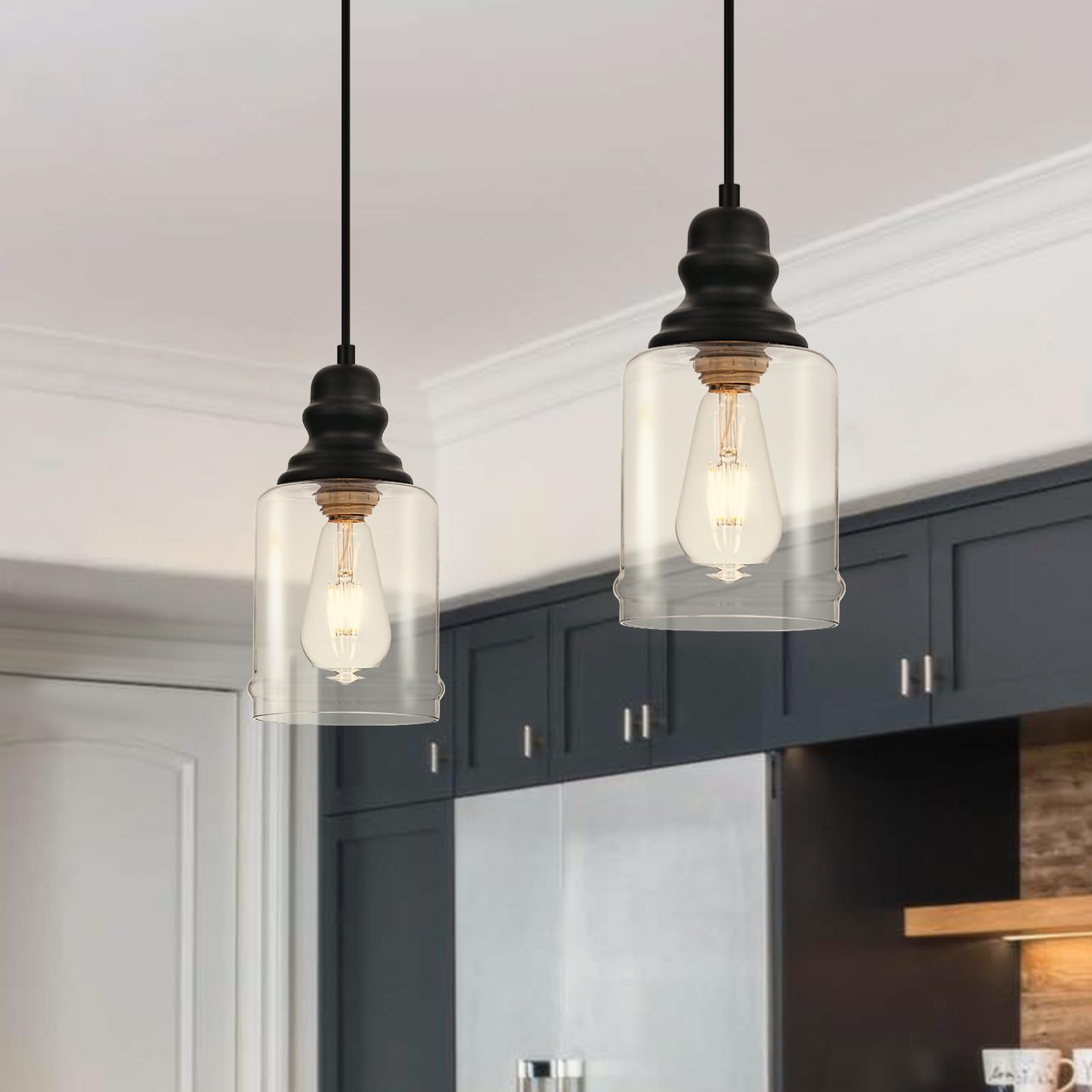 WILON Industrial Pendant Lighting, Pendant Lights for Kitchen Island 3 Light Glass Pendant Light Fixture with Seeded Glass Shade, Adjustable Cord Farmhouse Ceiling Light Black finish Linear Chandelier