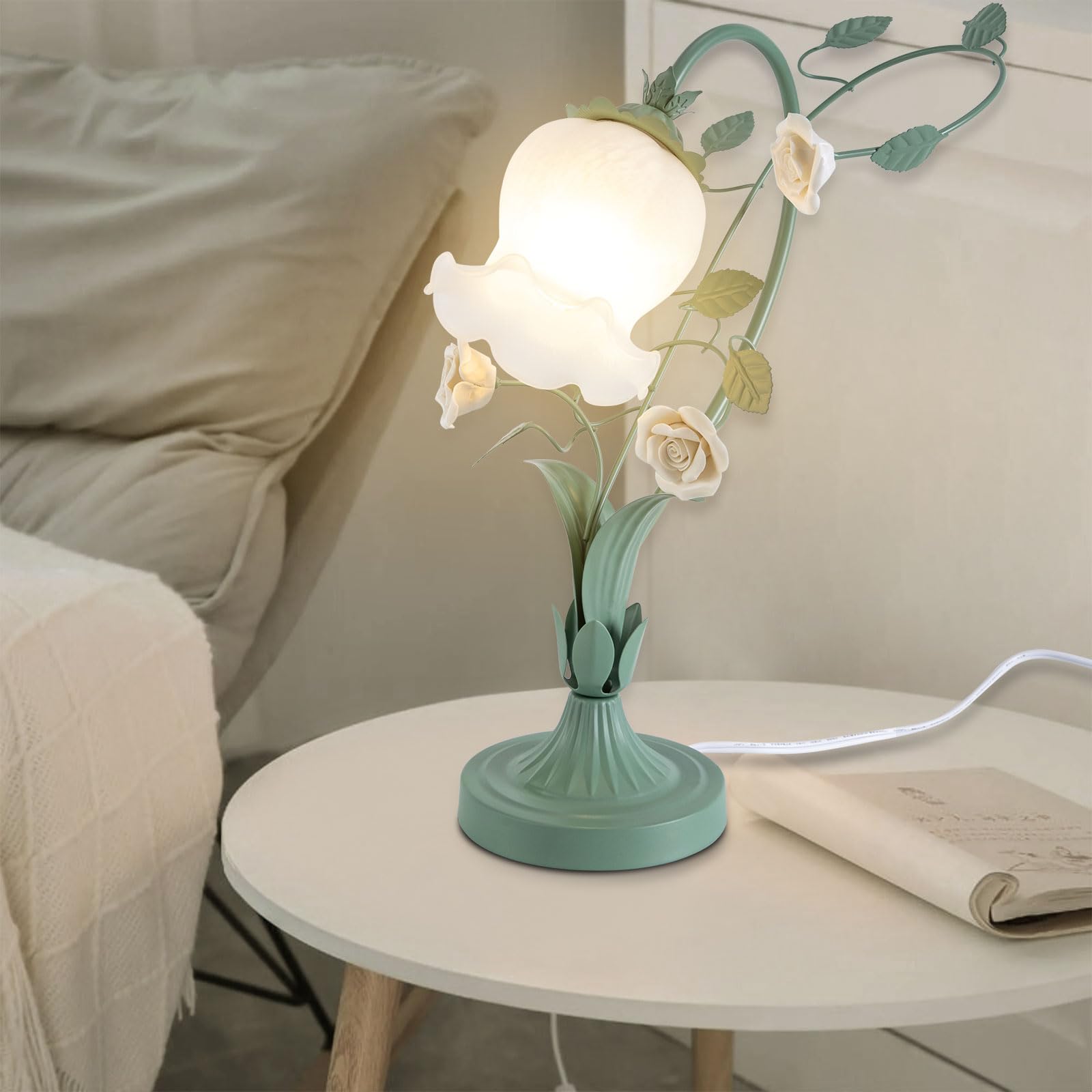 Modern Bedside Lamp Stained Glass Flower Table Reading Lamps Nightstand Desk Lights, One-Light,19.6 inches Tall for Bedroom, Living Room, Office, Dresser (Style 4,Green)