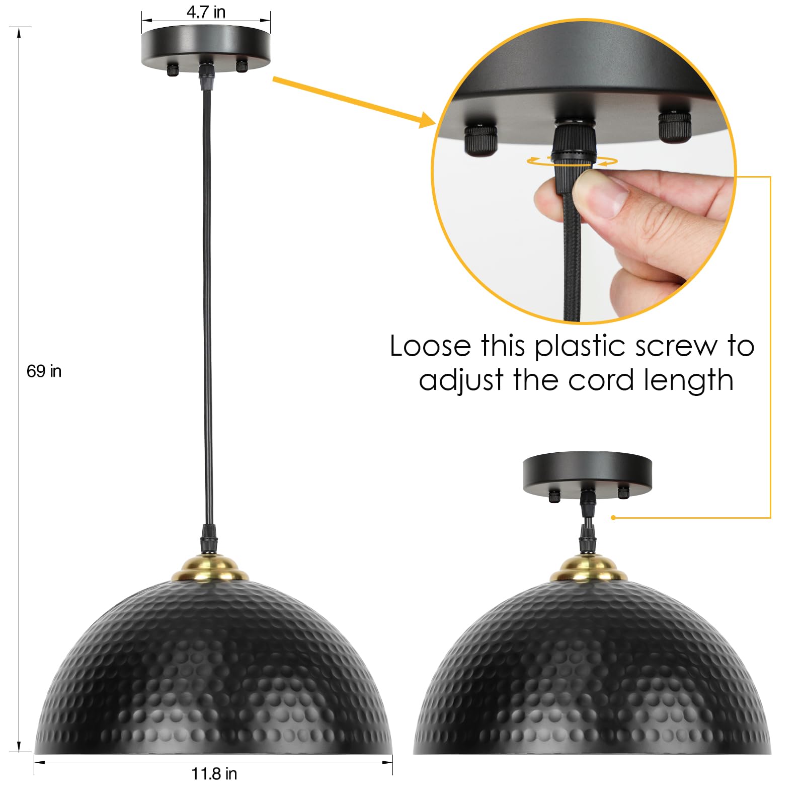 Pendant Lights Kitchen Island, 2 Pack Industrial Pendant Light Fixtures Ceiling Hanging with Hammered Metal Shade, Black Pendant Lighting with Gold Lined, Height Adjustable