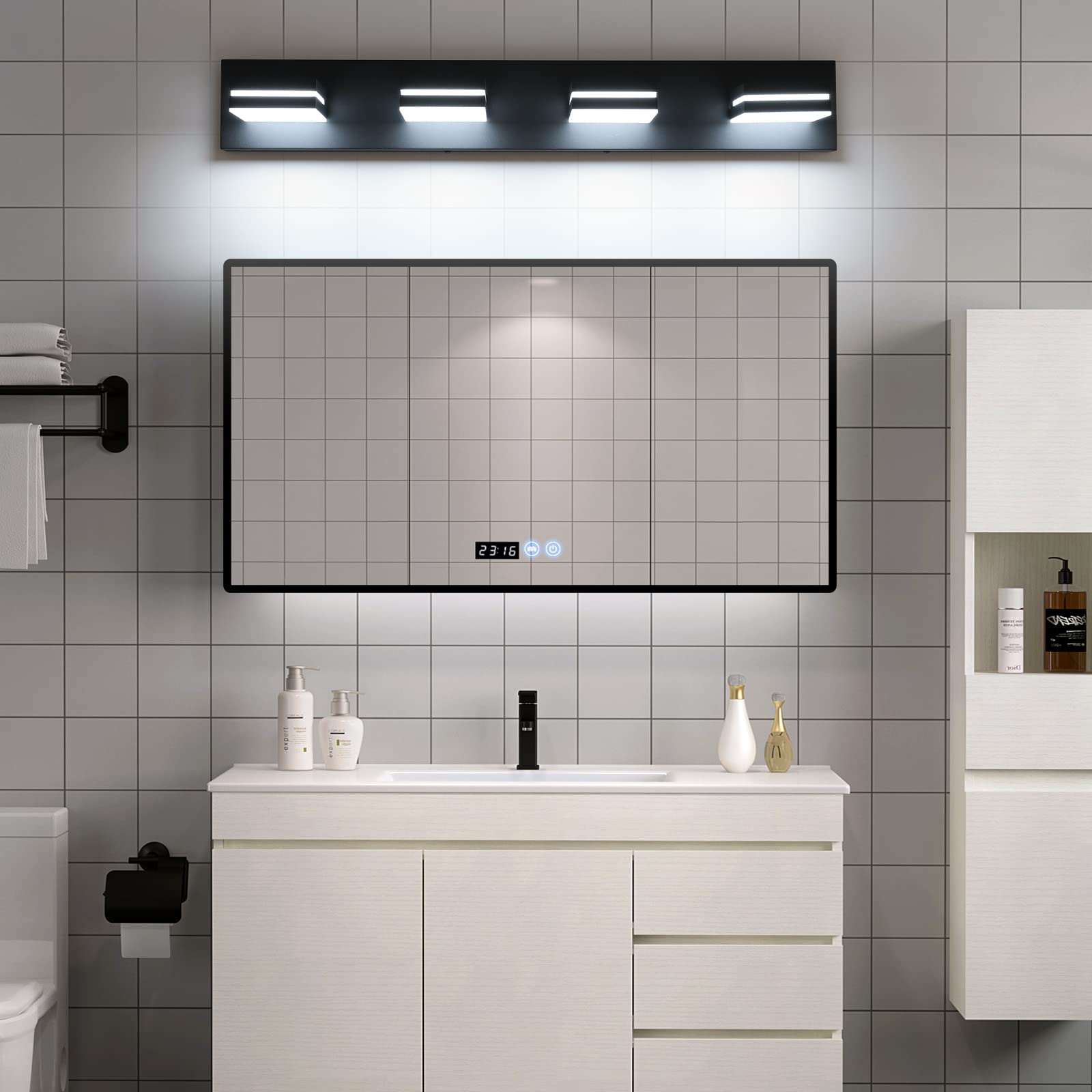 LED Modern Bathroom Vanity Light Fixtures (3-Light, 24-Inch), Matte Black Modern Acrylic Bathroom Wall Lighting Fixtures Over Mirror (Cool White 6000K)