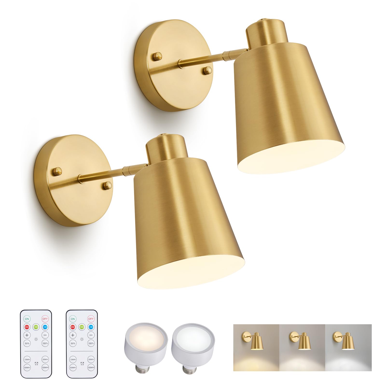 2 Pack Gold Magnetic Wireless Battery Operated Wall Sconces, Dimmable Battery Powered Wall Decor Set of 2, Cordless Indoor Wall Light Lamp with Remote Control for Bedroom Living Room