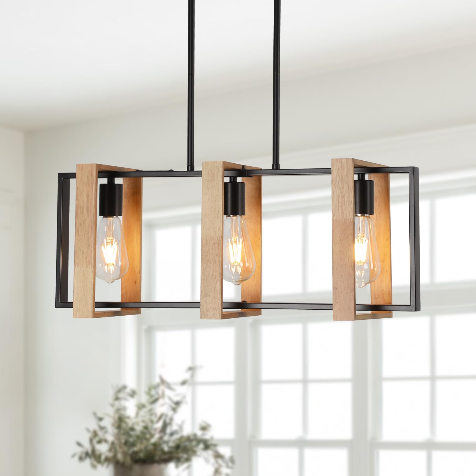 Farmhouse Kitchen Island Lighting Black Pendant Light Fixtures 4-Light Dining Room Lights Wood Chandelier Adjustable Hanging Pendant Lighting for Kitchen Island