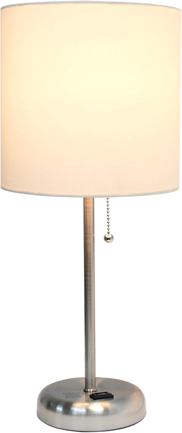 Brushed Steel Stick Table Desk Lamp with Charging Outlet and Drum Fabric Shade, White Shade