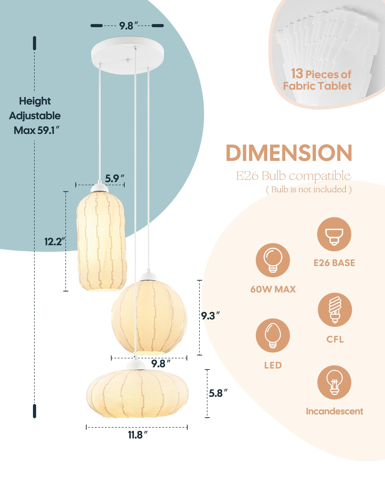 3-Light Pendant Light, DIY Cluster Chandelier, Linen Kitchen Island Light Fixture, White Hanging Lighting Fixture with Fabric Lamp Shade, Pendant Light DIY kit, KR3364-WT-1PK