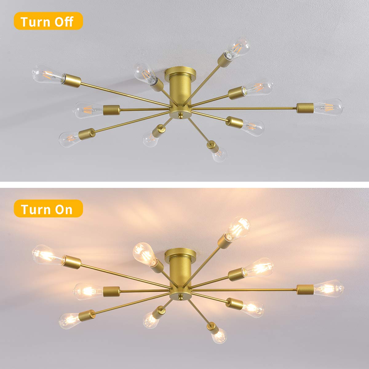 10 Lights Modern Sputnik Ceiling Chandelier Gold Industrial Ceiling Lamp Mid Century Semi Flush Mount Ceiling Light Fixture for Kitchen Dining Room Living Room Bedroom Foyer Lighting