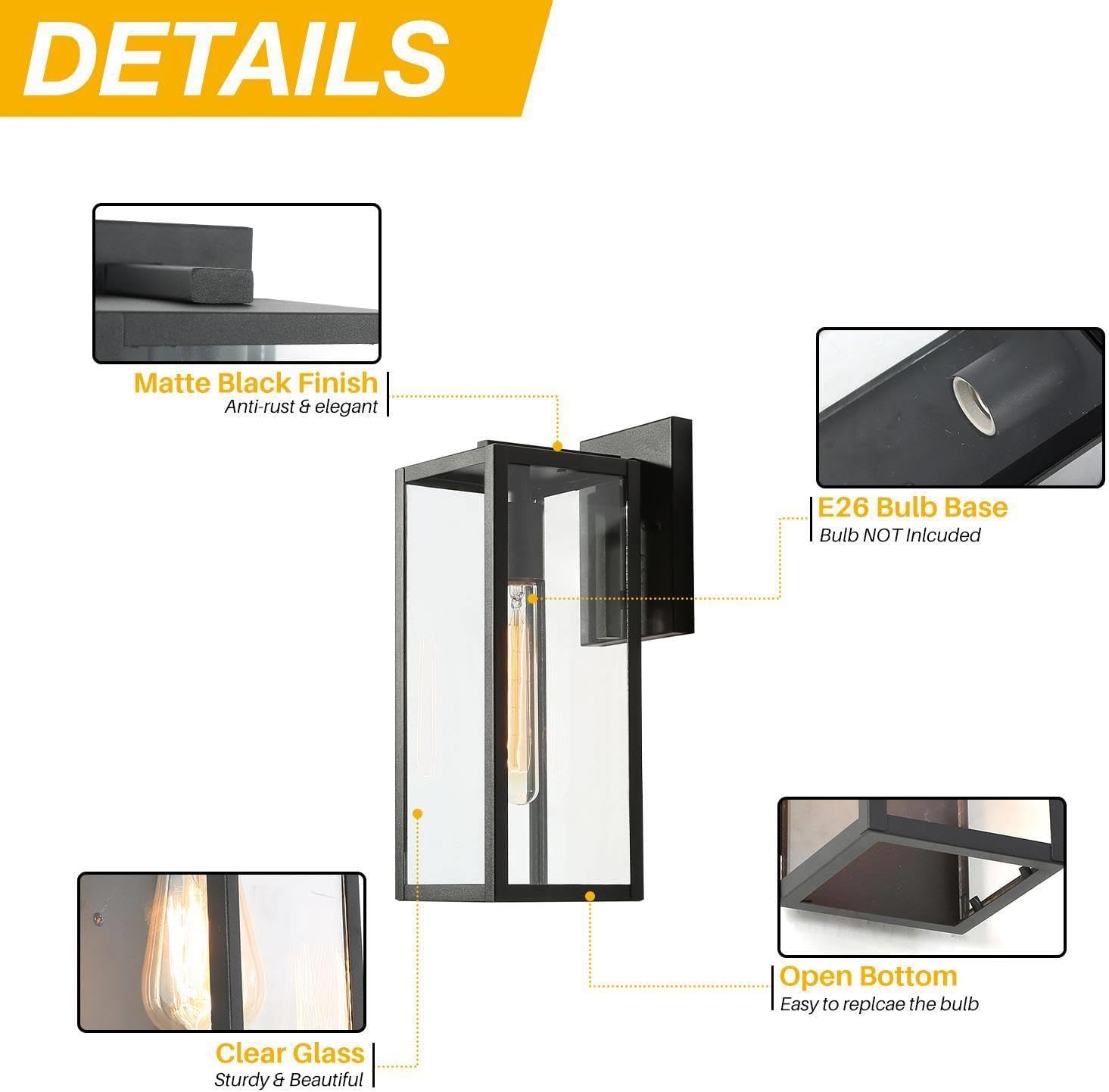 Black Outdoor Wall Lights, Modern Farmhouse Rectangular Outdoor Light Fixtures Wall Mount with Clear Glass, Waterproof Exterior Outdoor Sconce Lights for House, Porch, Patio, Front Door, Garage