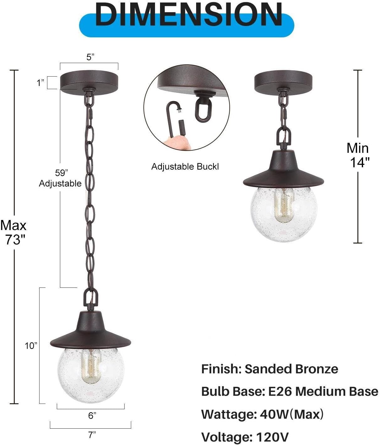 Outdoor Globe Pendant Light Fixture, Farmhouse Exterior Lights with Adjustable Chain, Anti-Rust Ceiling Outdoor Light with Seeded Glass, Hanging Light for Front Door, Entry, Porch, and Gazebo