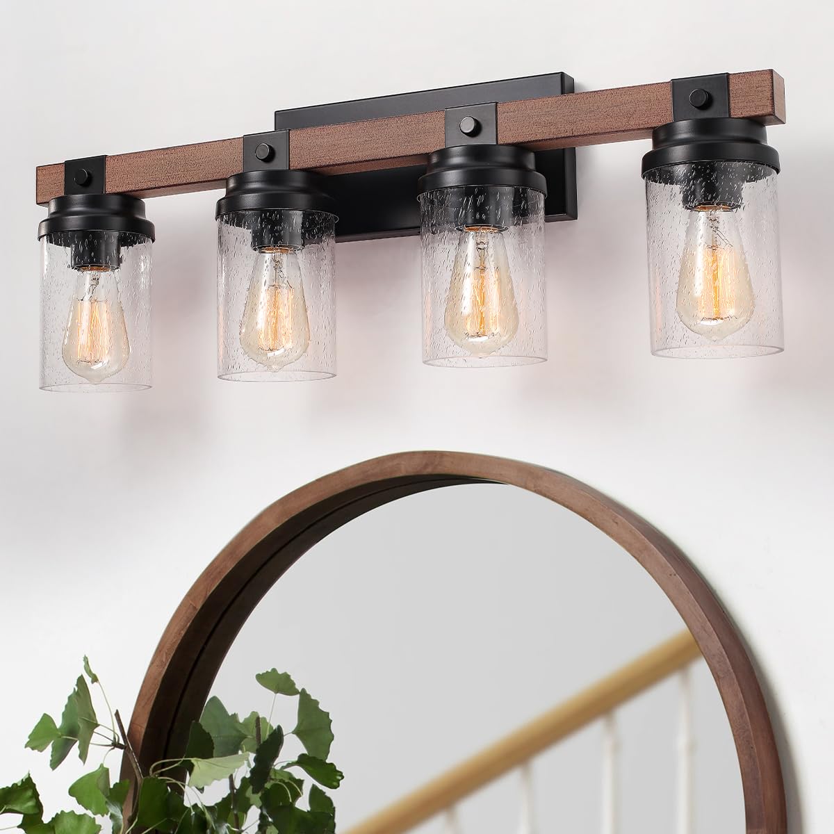 2-Light Farmhouse Vanity Lights for Bathroom, Rustic Bathroom Light Fixtures with Pretty Glass Shade, Black Industrial Wood Grain Wall Sconce for Bathroom Hallway Bedroom