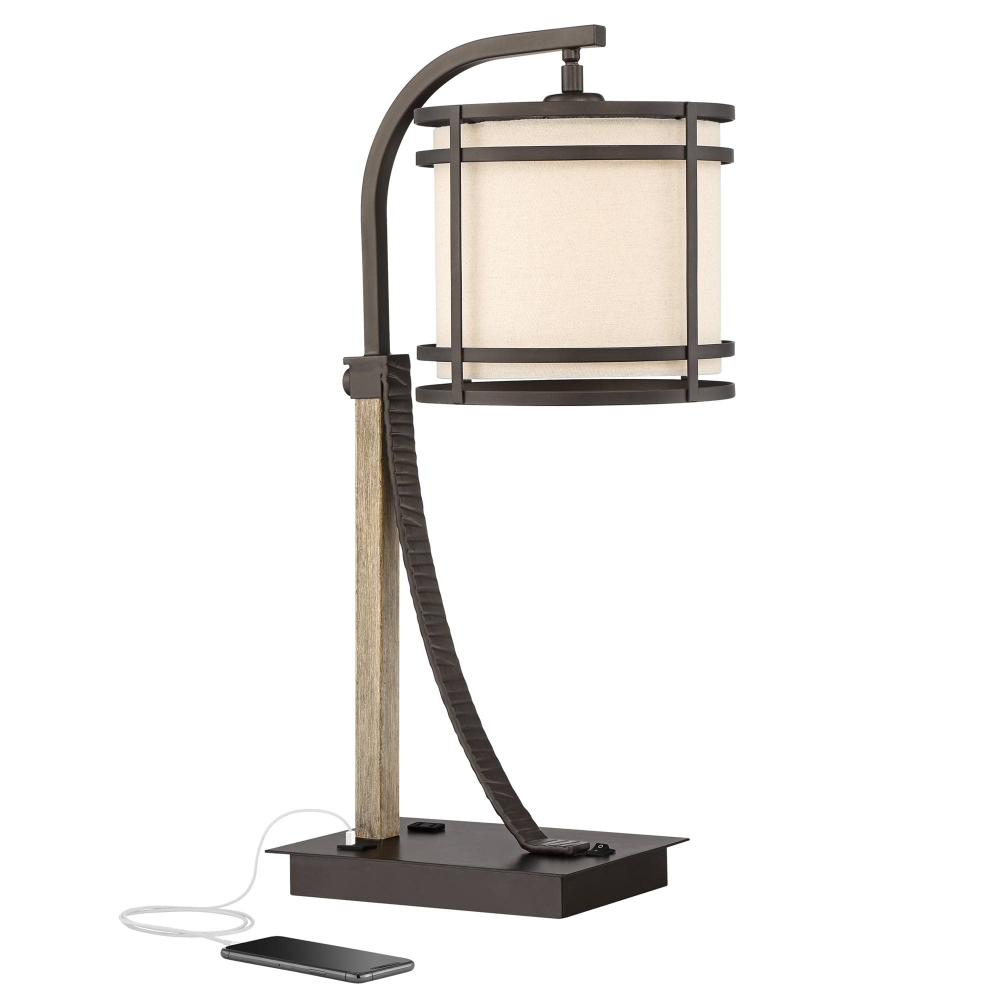 Industrial Desk Table Lamp 22" High with USB and AC Power Outlet in Base Oil Rubbed Bronze Faux Wood Metal Cage Oatmeal Drum Shade for Bedroom Living Room House Desk