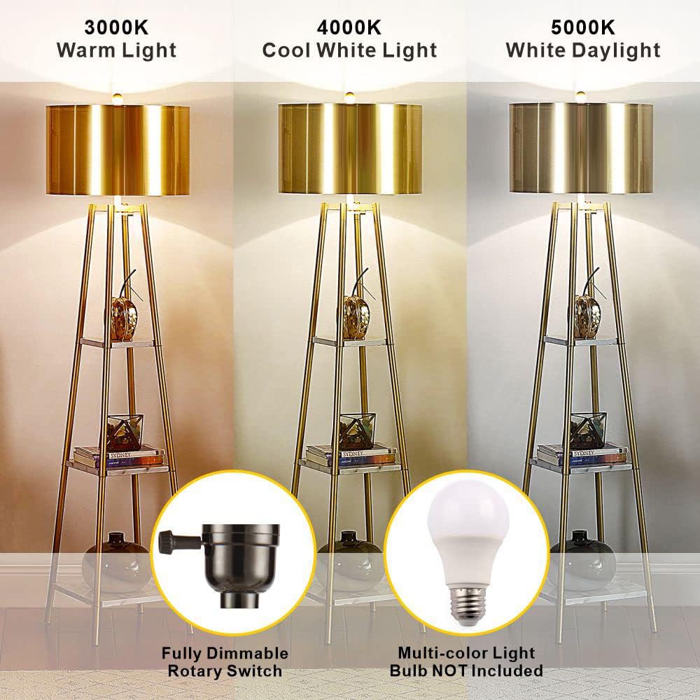 Floor Lamp, Standing Reading Light with Shelves and Gold Shade, Modern Tall Pole Lamp, Accent Furniture Décor Lighting for Living Room, Bedrooms