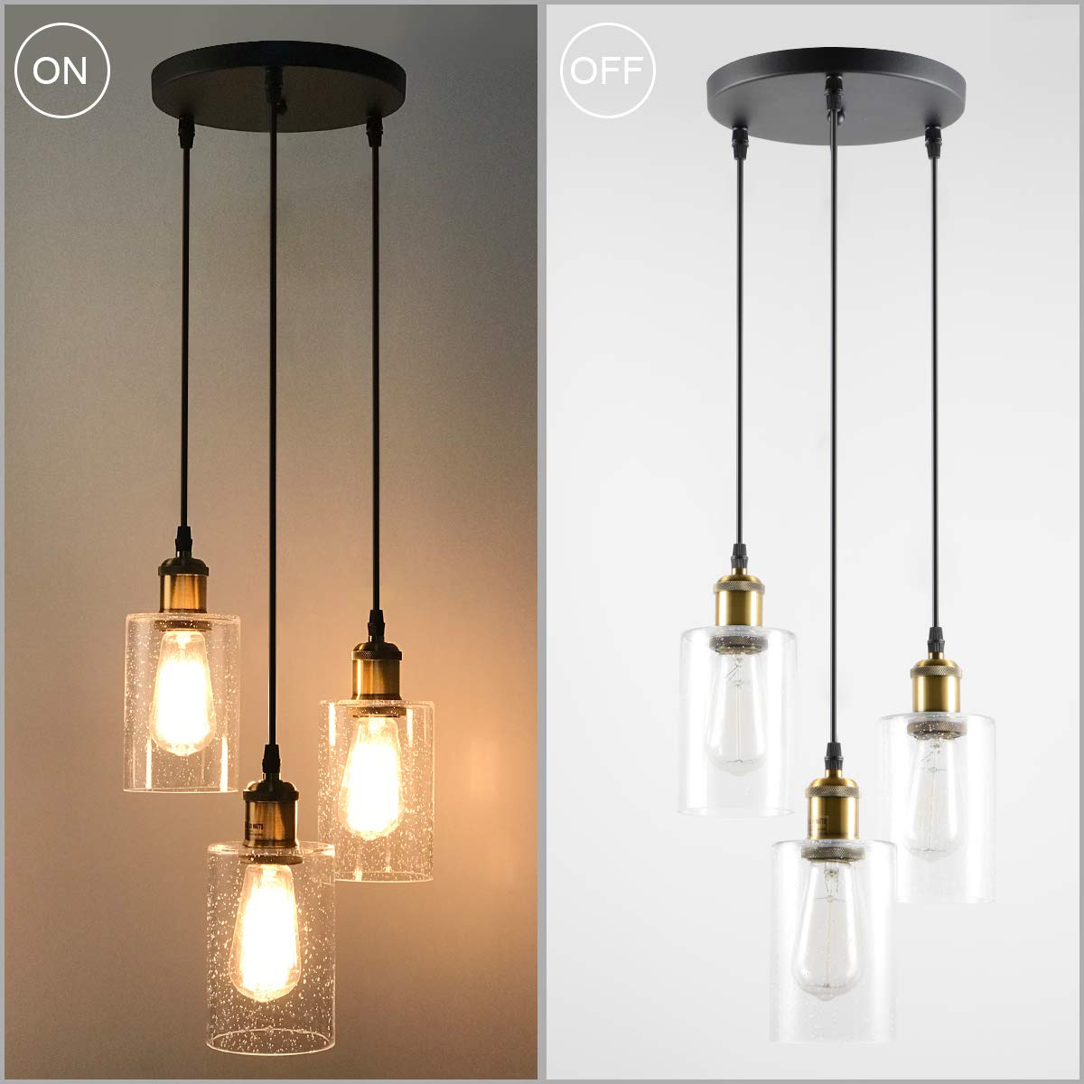 3-Light Black Pendant Light, Modern Farmhouse Seeded Glass Shade Cluster Chandelier Hanging Lamp Fixture for Dining Room Kitchen Island Entryway Black and Gold