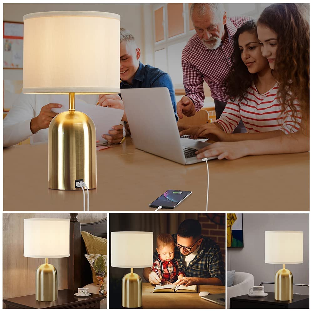 Touch Control Table Lamps Set of 2, Bedside Table Lamps for Bedrooms Set of 2 Modern Living Room 3 Way Dimmable Gold Bedside Lamp for End Table with 2 USB Charging Ports, 2 Bulbs Included