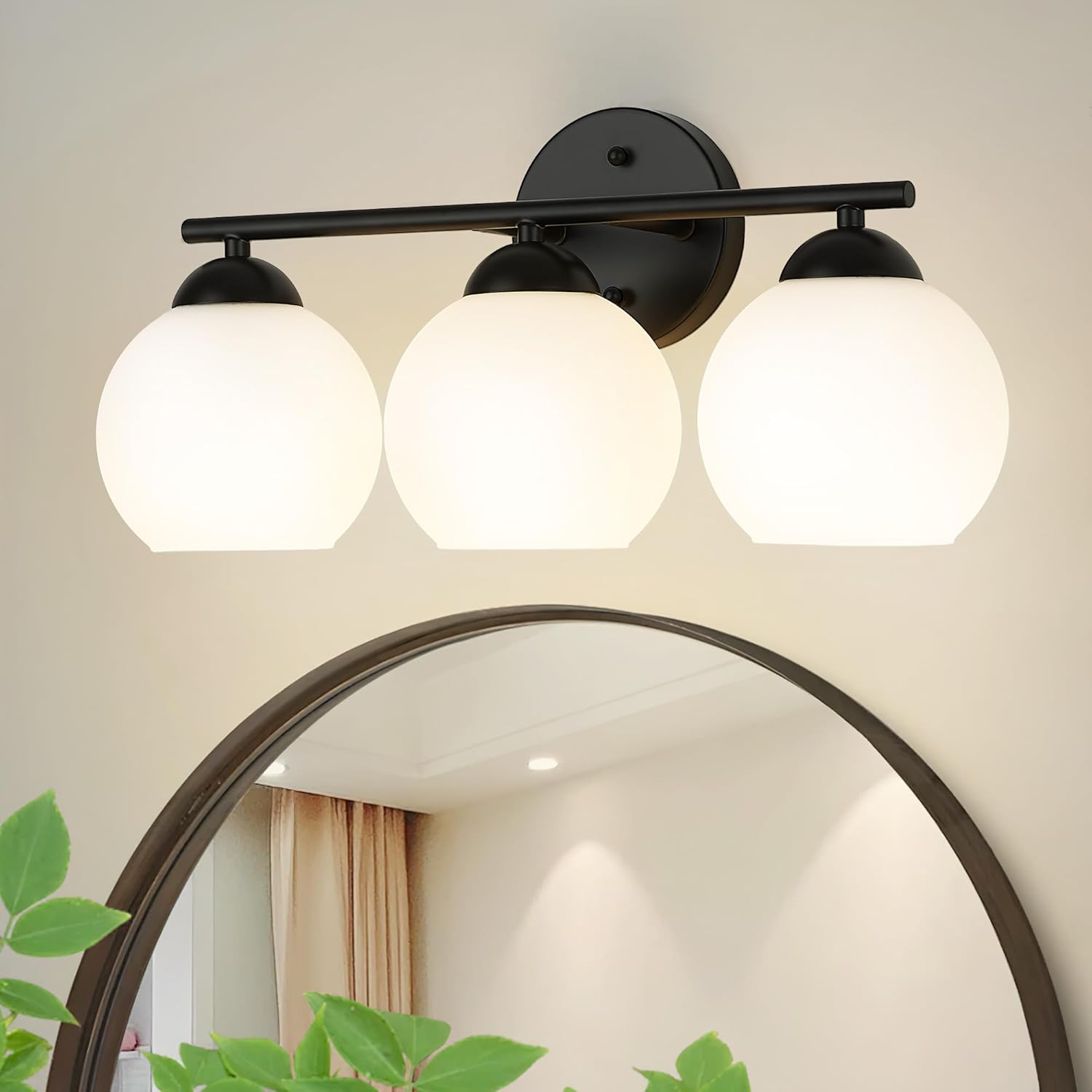 Black Vanity Lights for Mirror, Modern Farmhouse 2-Light Bathroom Light Fixtures Globe Bathroom Vanity Light with Milk Glass Shade, VL114-BK-ML-2