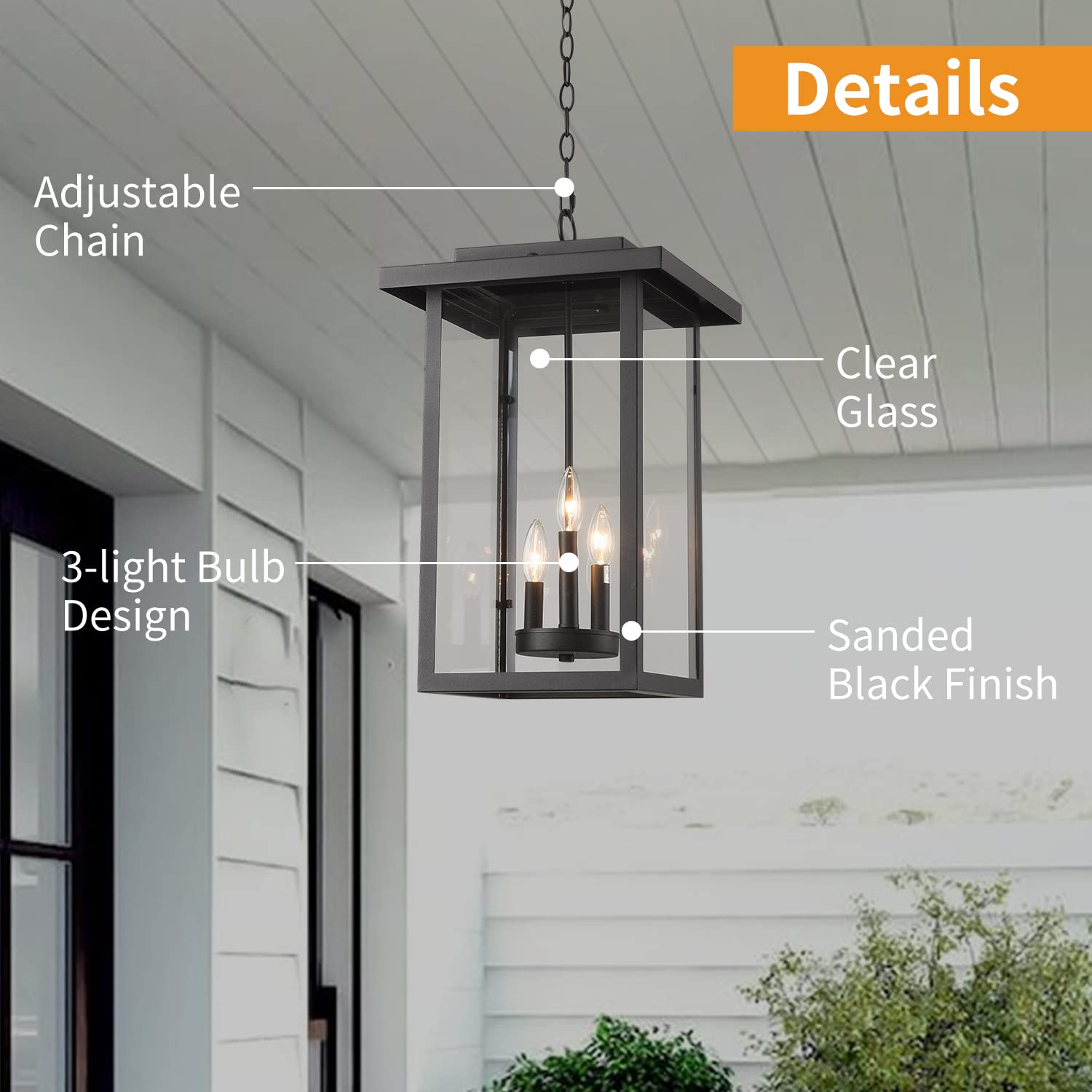 Outdoor Pendant Light Exterior Hanging Lantern, Large Outdoor Hanging Porch Light, Matte Black Finish with Clear Glass, 3 Light Outdoor Chandelier