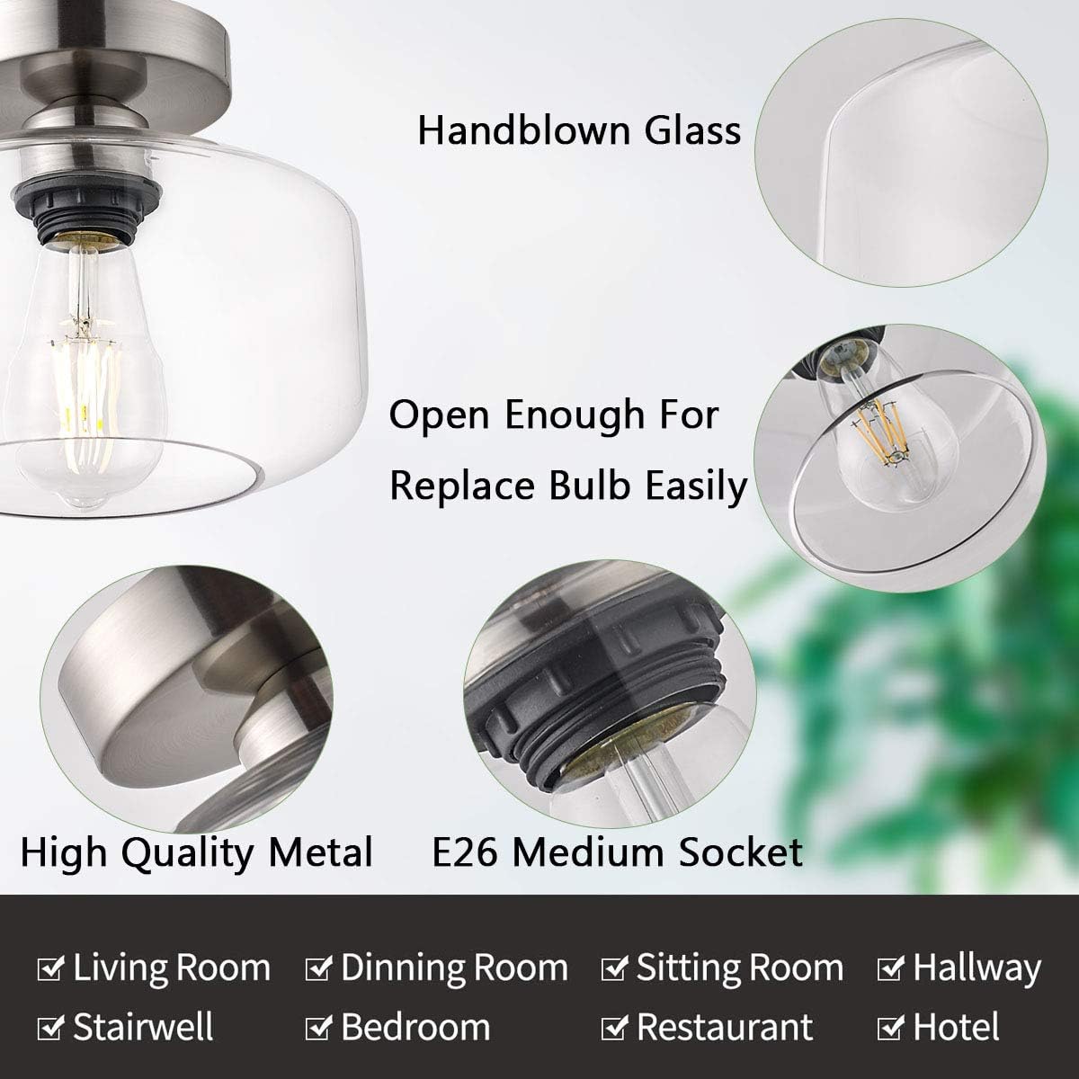 Semi Flush Mount Ceiling Light,Clear Glass Shade, E26 Socket,Brushed Nickel Ceiling Light Fixtures for Hallway,Entryway,Porch