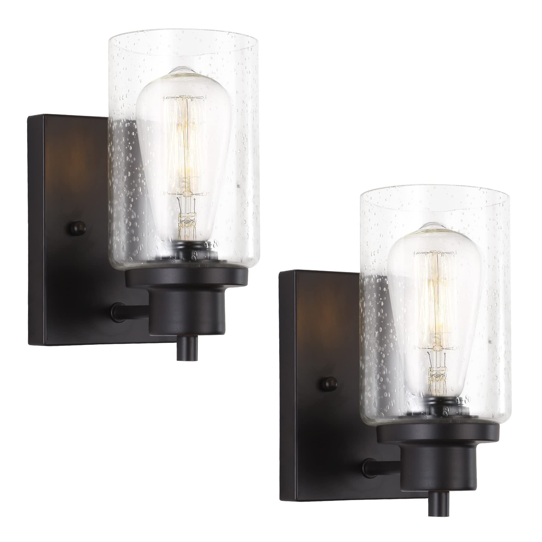 2-Pack Bath Vanity Light Fixtures Wall Sconces, Modern Indoor Bathroom Wall Lights with Seeded Glass, Black Wall Light Fixtures for Bedroom Mirror Kitchen Living Room Entryway Patio