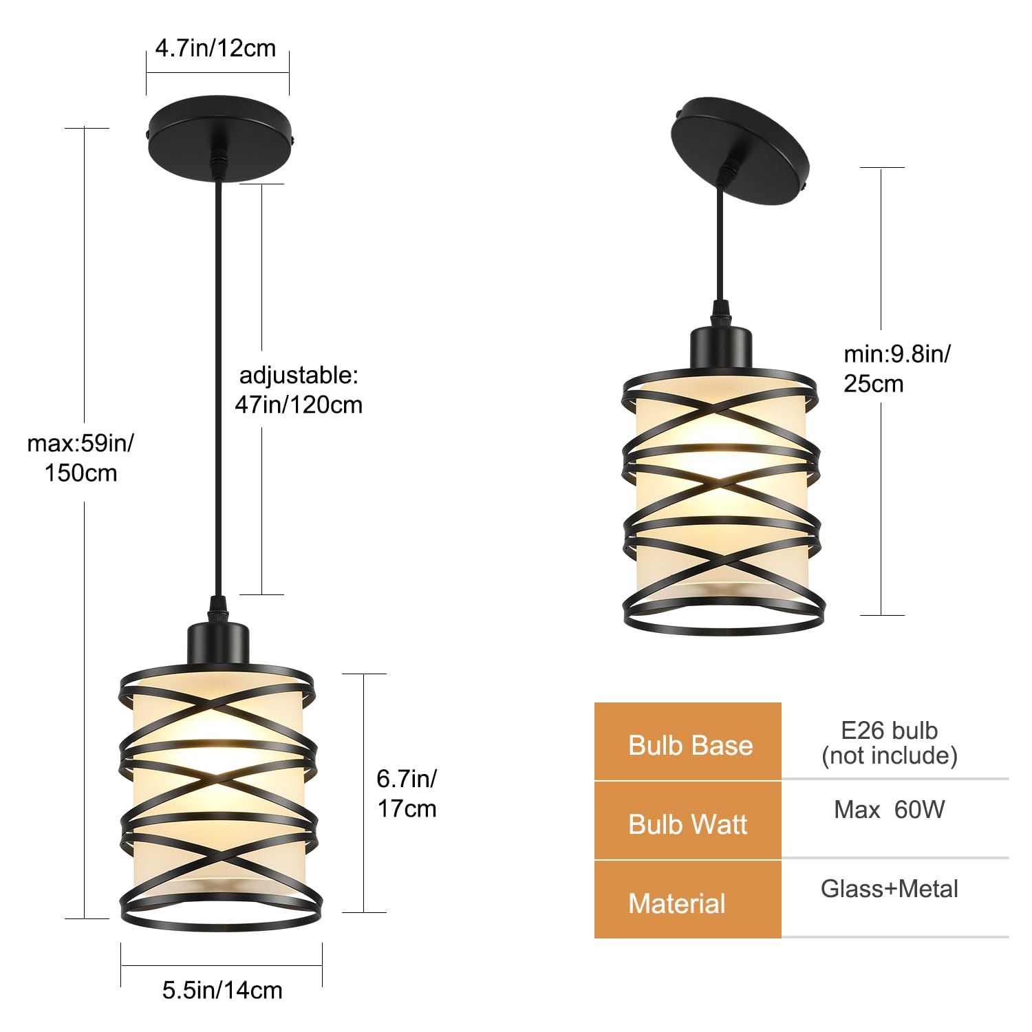 2 Pack Black Spiral Cage Pendant Lights with Clear Glass Shade, Suitable for Kitchen Island, Dining Table, Entryway, Restaurant