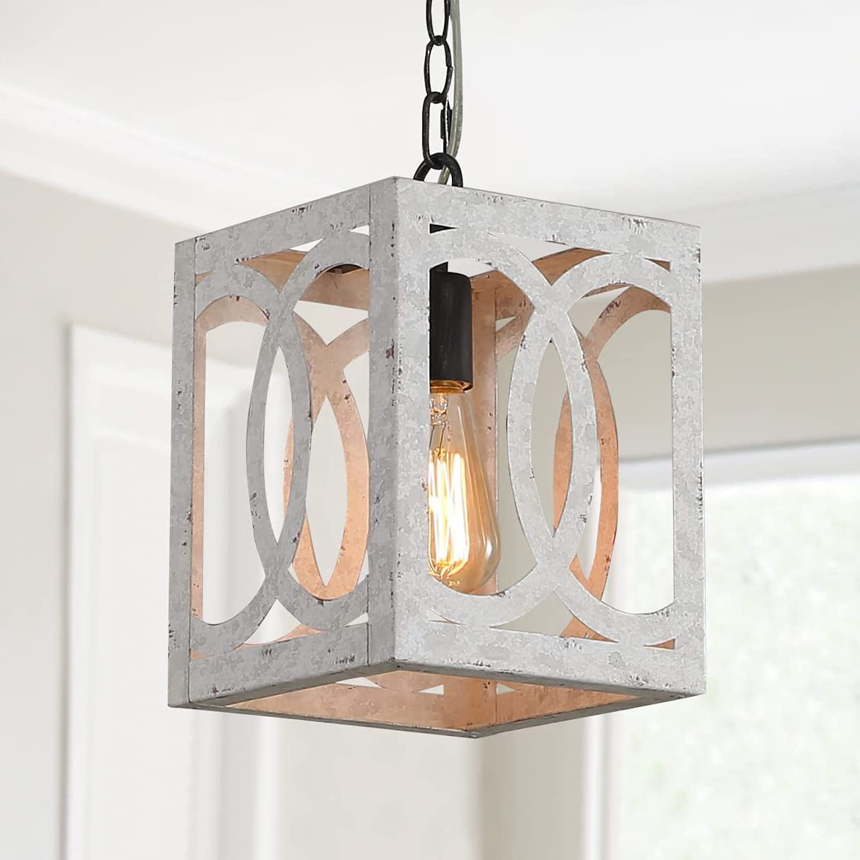 Kitchen Island Light Fixtures Dining Room Distressed White Rectangular Modern Farmhouse Chandelier, 3-Light Metal Rustic French Country Pendant Lighting Ceiling Light Hanging Lamp, No Wood