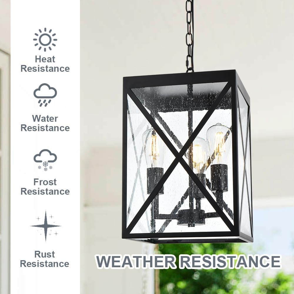 Large Outdoor Pendant Light, Black Exterior Ceiling Porch Light with Seeded Glass Panel, Outdoor Chandelier Hanging Lantern for Garage Entryway Patio Front Door