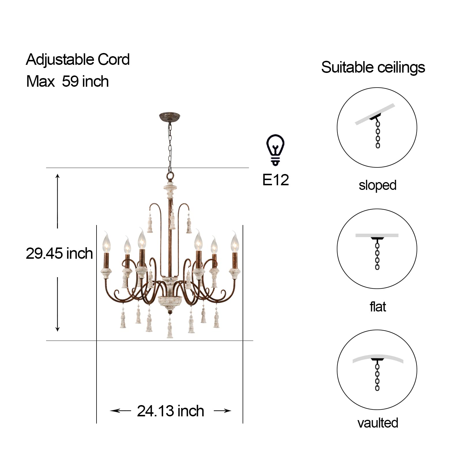 2024 New Antique Wood Farmhouse Chandelier, 4 Light Vase Shape Distressed French Country Wooden Pendant Light, Coastal Hanging Rustic Orb Chandeliers for Dining Room Kitchen Island Bedroom Foyer Entry