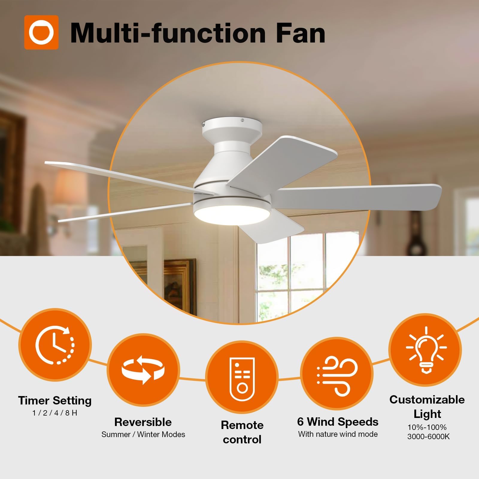 Ceiling Fans with Lights, 42 Inch Low Profile Ceiling Fan with Light and Remote Control, Flush Mount, Reversible, 3CCT, Dimmable, Quiet, Black Small Ceiling Fan for Bedroom Indoor/Outdoor Use