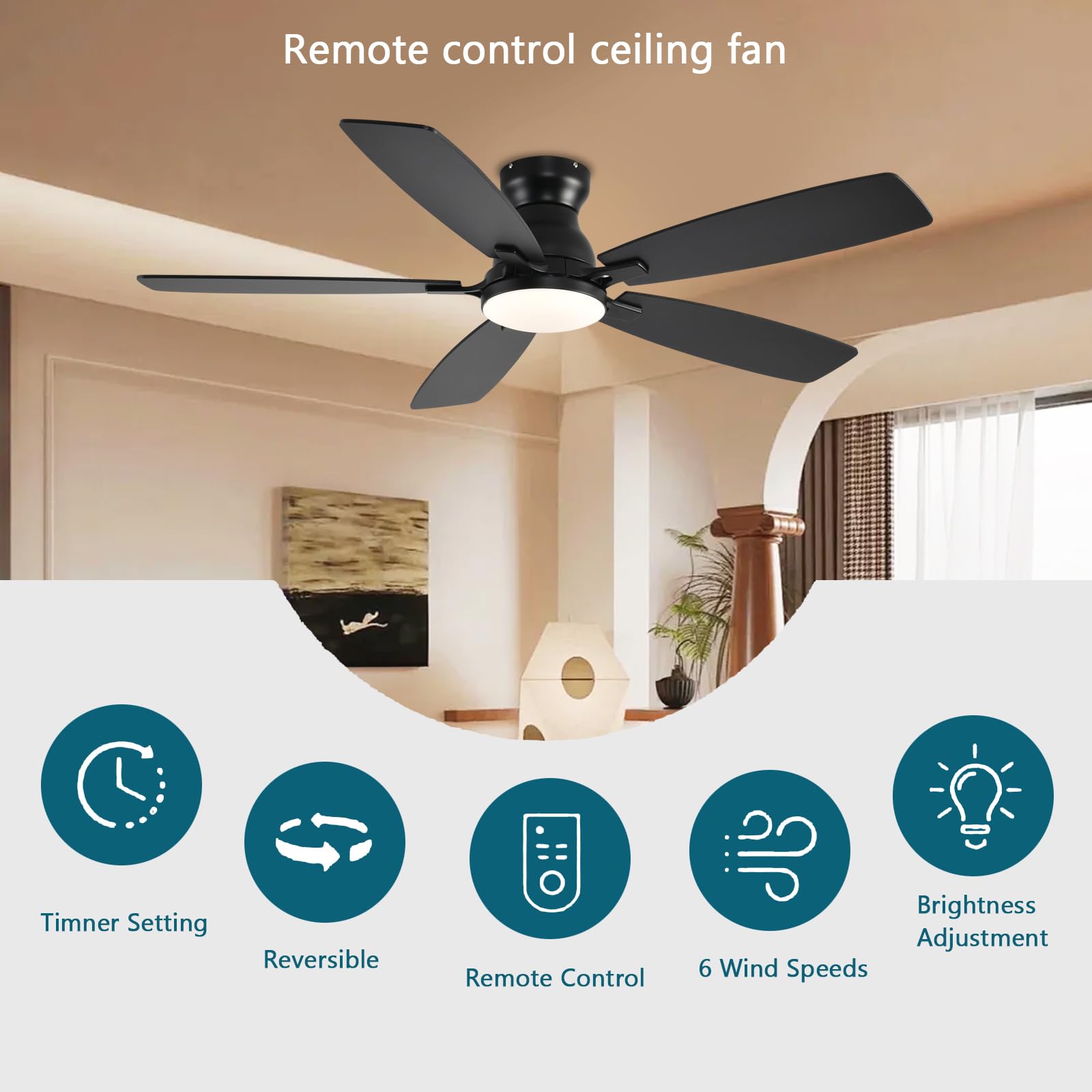 Ceiling Fans with Lights, 52 Inch Low Profile Ceiling Fan with Light and Remote Control, Flush Mount, DC Reversible Motor, Noiseless, Black 6 Speeds Ceiling Fan for Bedroom