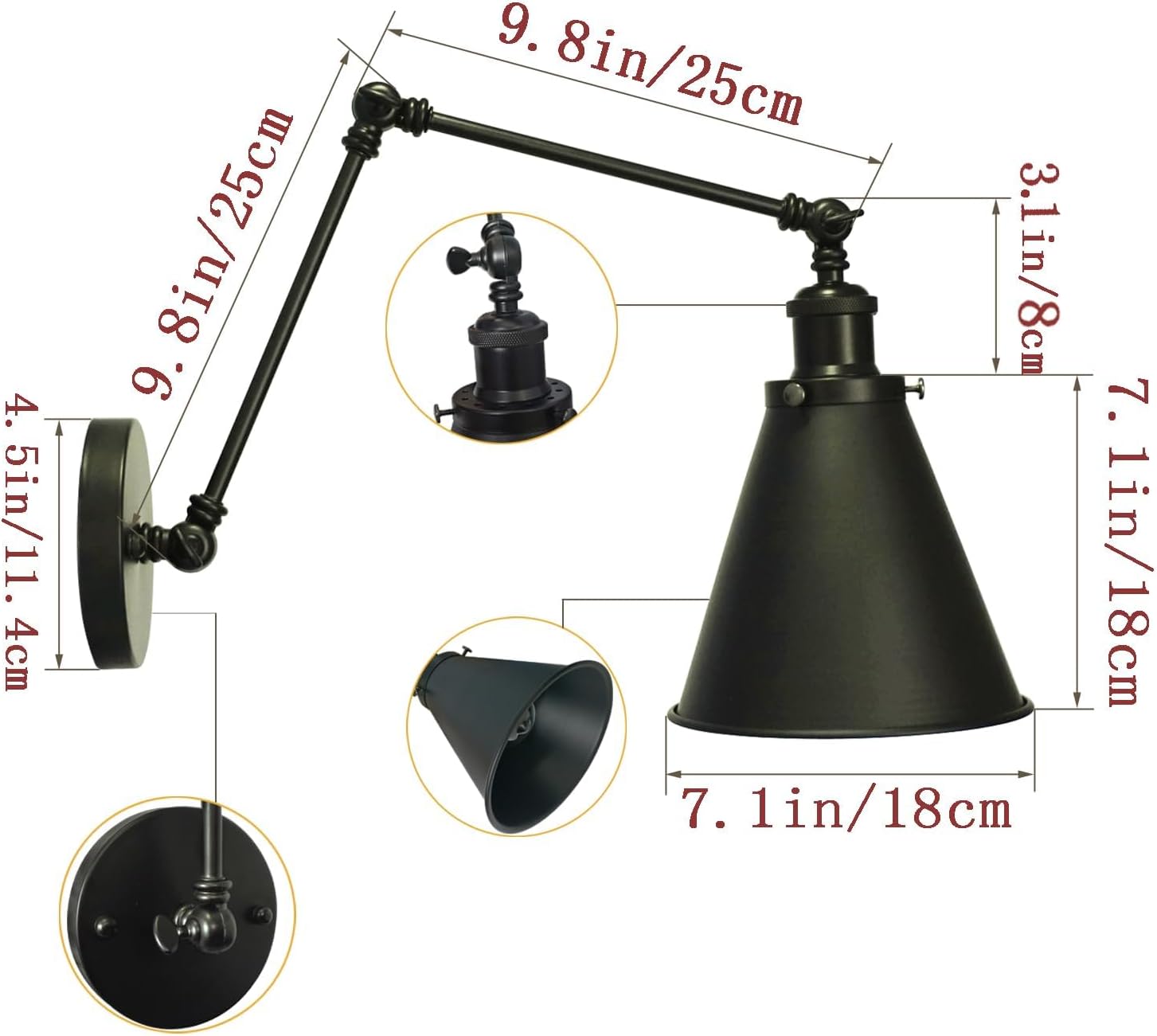 Industrial Black Wall Sconce,Angle Adjustable Decorative Modern Farmhouse Wall Mount Light for Living Room Wall Lamp Set of 2