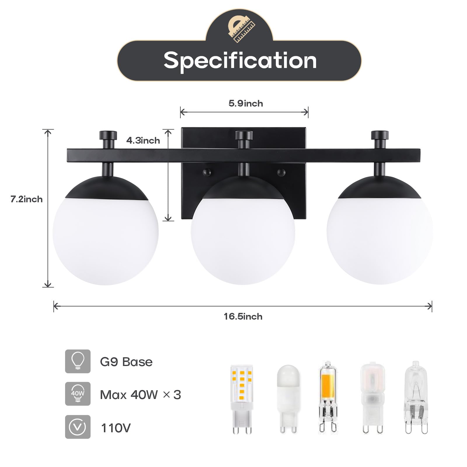 Bathroom Light Fixtures, 3-Light Bathroom Vanity Light with Frosted Glass Shade and Metal Base, Black Vanity Lights for Bathroom/Kitchen(G9 Base)