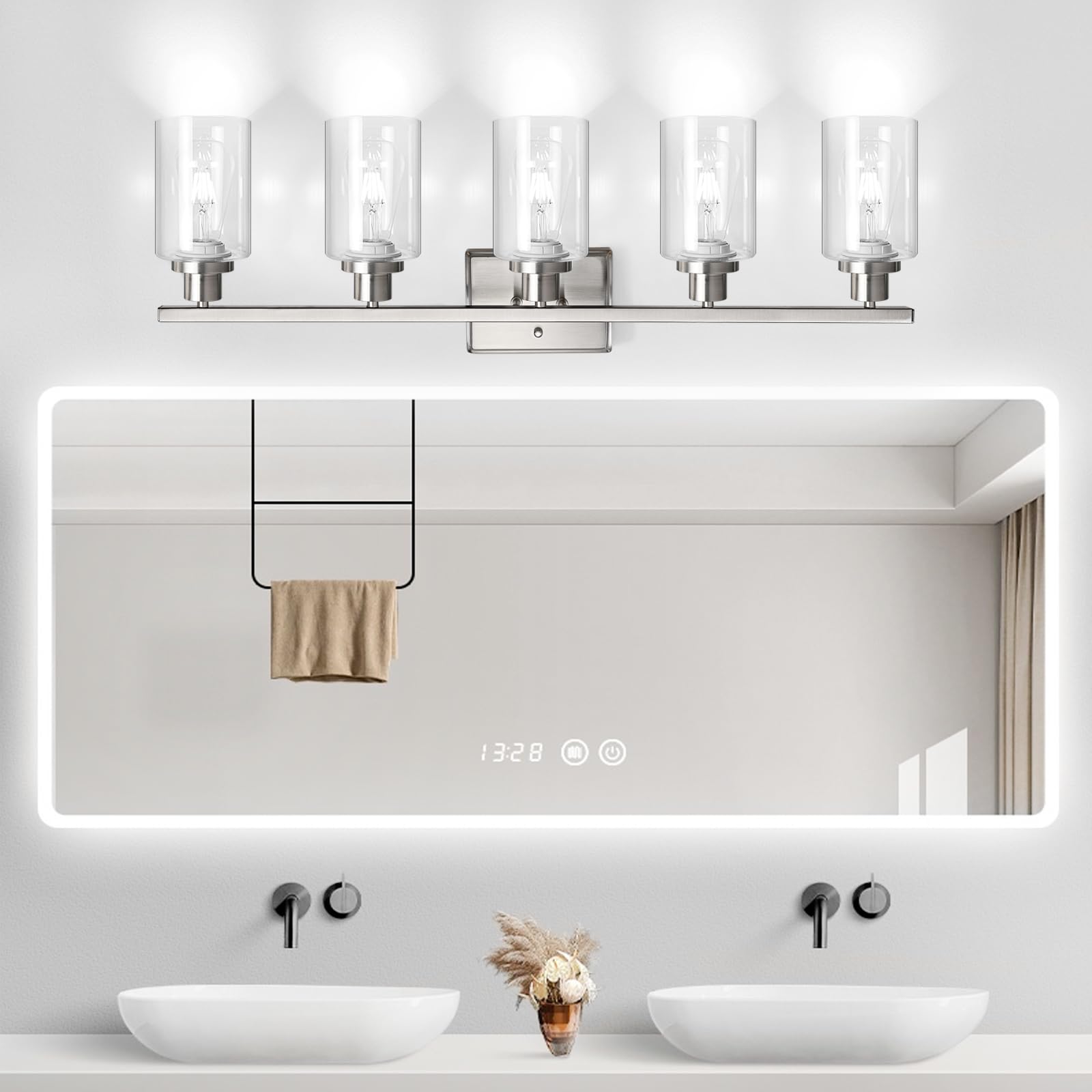 Ascher Bathroom Vanity Light Fixtures, 3 Light Wall Sconces Lighting with Clear Glass Shade, Brushed Nickel Wall Lights for Mirror, Kitchen, Living Room, Gallery, E26 Base (Bulbs Not Included)