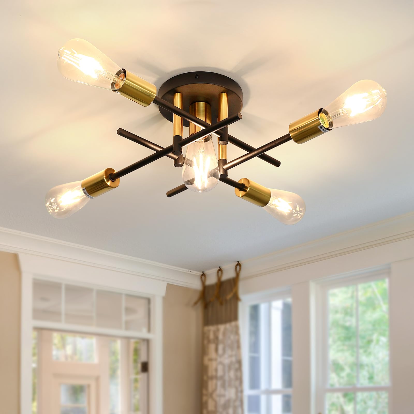 Farmhouse 5-Light Semi Flush Mount Ceiling Light Fixture with E26 Modern Matte Black and Gold Chandelier Sputnik Ceiling Lamp for Hallway Kitchen Dining Room Bedroom Study Living Room Bathroom