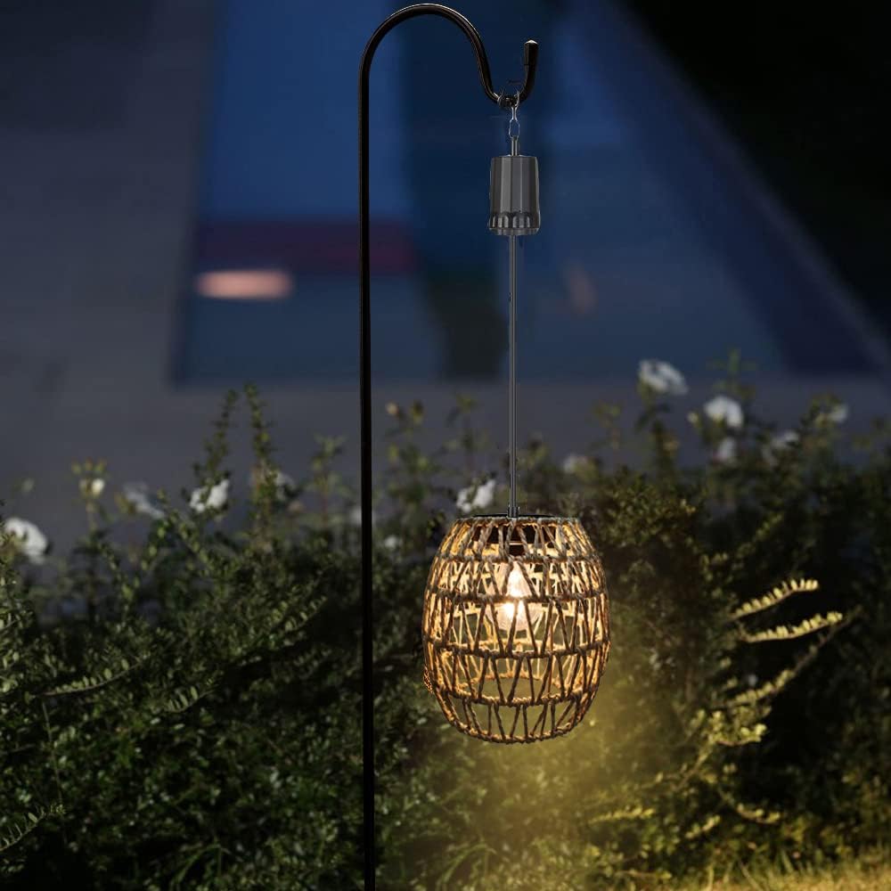 Battery Operated Outdoor Hanging Light Seagrass Woven Waterproof Porch Gazebo Patio Pendant Lantern Chandelier Lighting Decorative Hollow-Out Auto On/Off Warm White Bulb