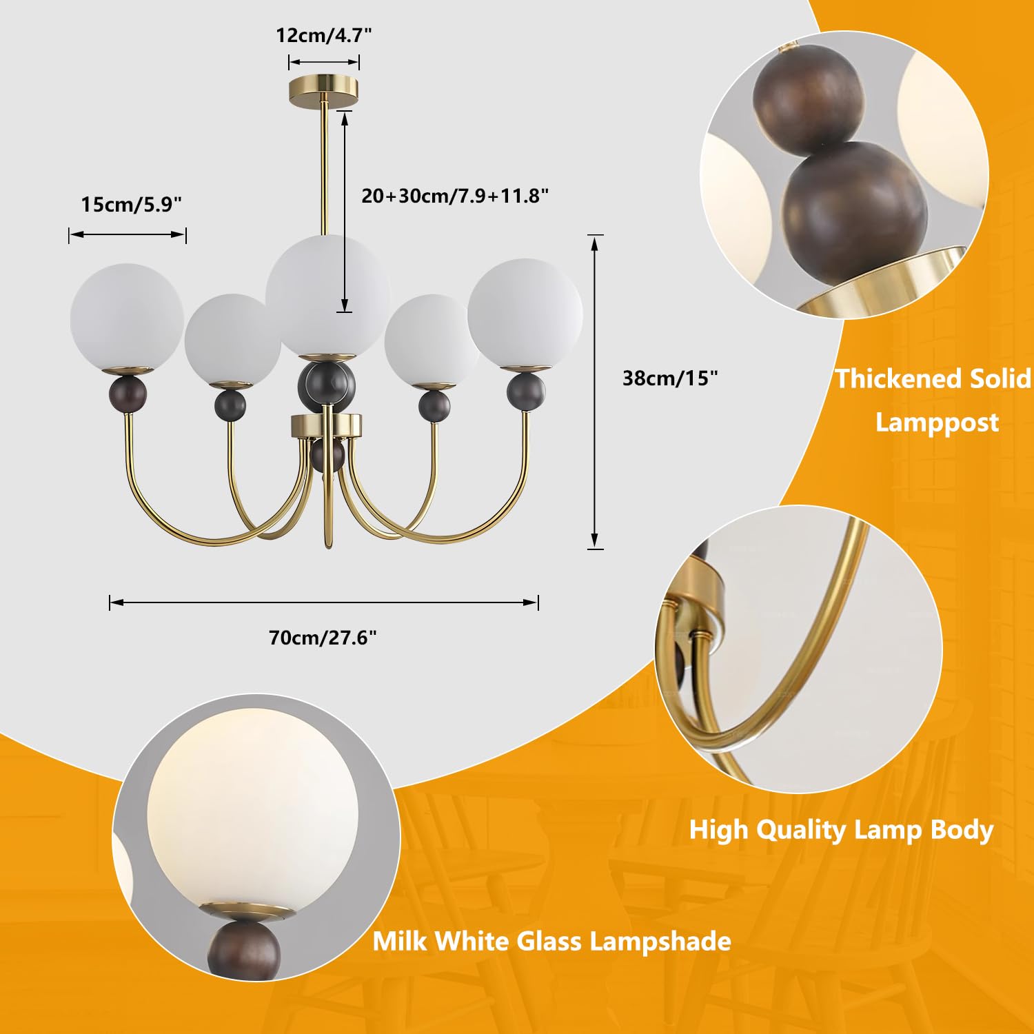 Modern Glass Chandelier Vintage Globe Pendant Light Gold Wooden 5-Light Semi Flush Mount Ceiling Light Fixture Kitchen Island Sputnik Chandeliers for Living Room Dining Room Restaurant