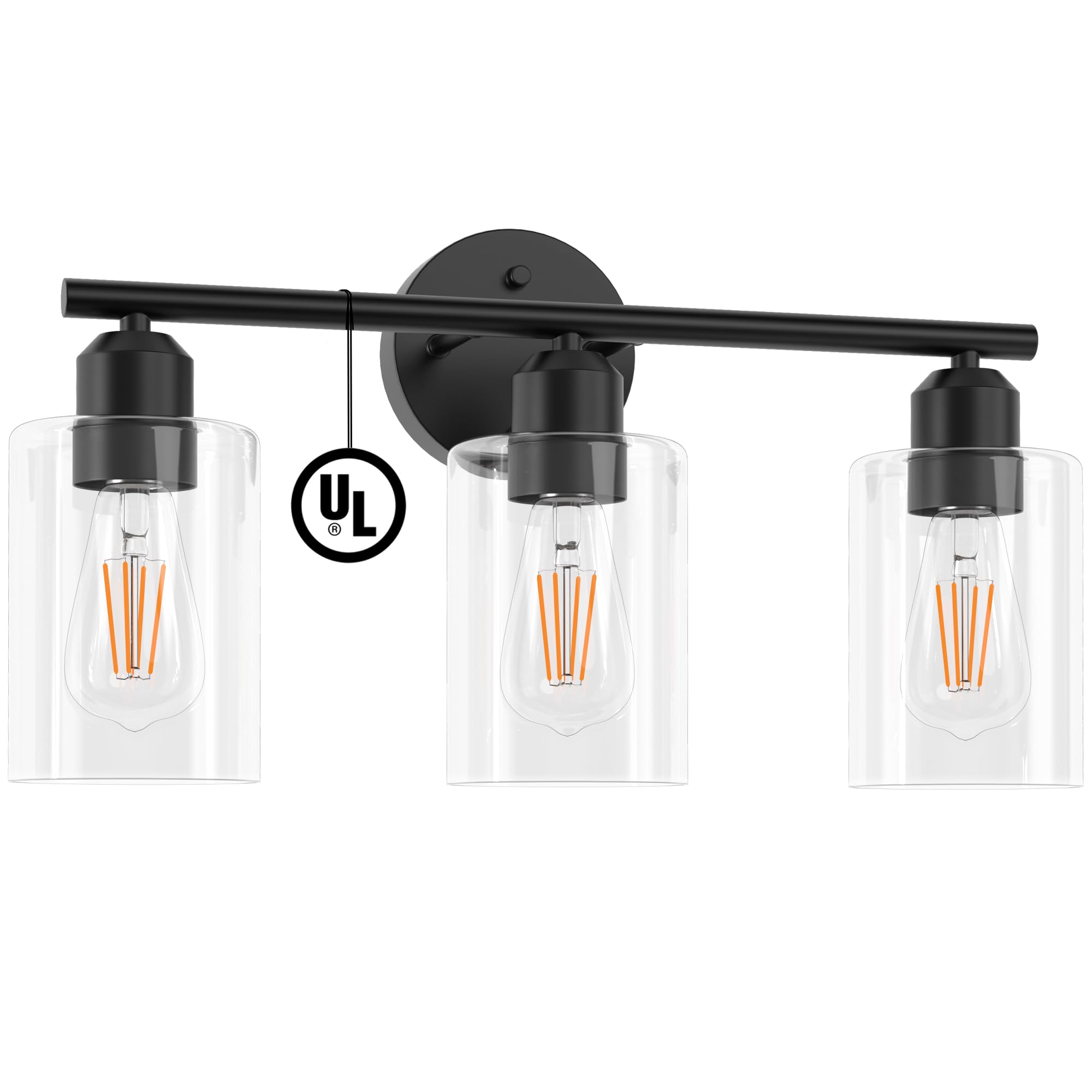 Bathroom Vanity Light Fixtures Matte Black Bathroom Lighting Fixture, 3 Lights Bathroom Light Fixture Over Mirror, Modern Black Vanity Light, UL Certified Wall Sconces with Glass Shades