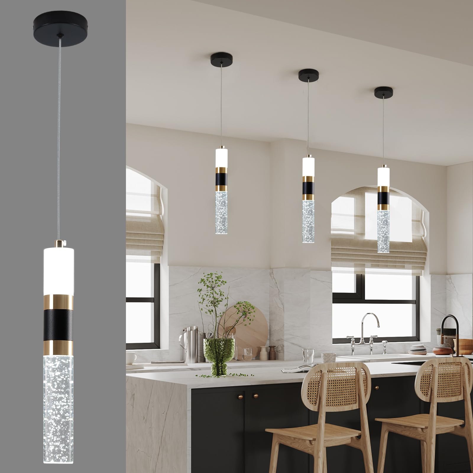 3-Light LED Pendant Lights Kitchen Island, 3-Light Cluster Pendant Lighting, Dimmable LED Modern Pendant Lights Kitchen Island, Pendant Lighting for Dining Room Table