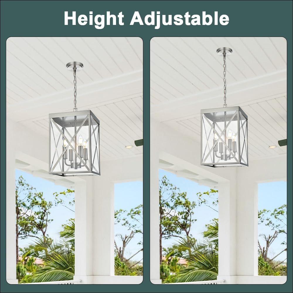 Black Outdoor Pendant Light 4-Light Outside Pendant Hanging Light Fixture Ceiling Mount with Clear Glass Industrial Hanging Cage Chandelier for Porch,Entryway,Doorway,Farmhouse