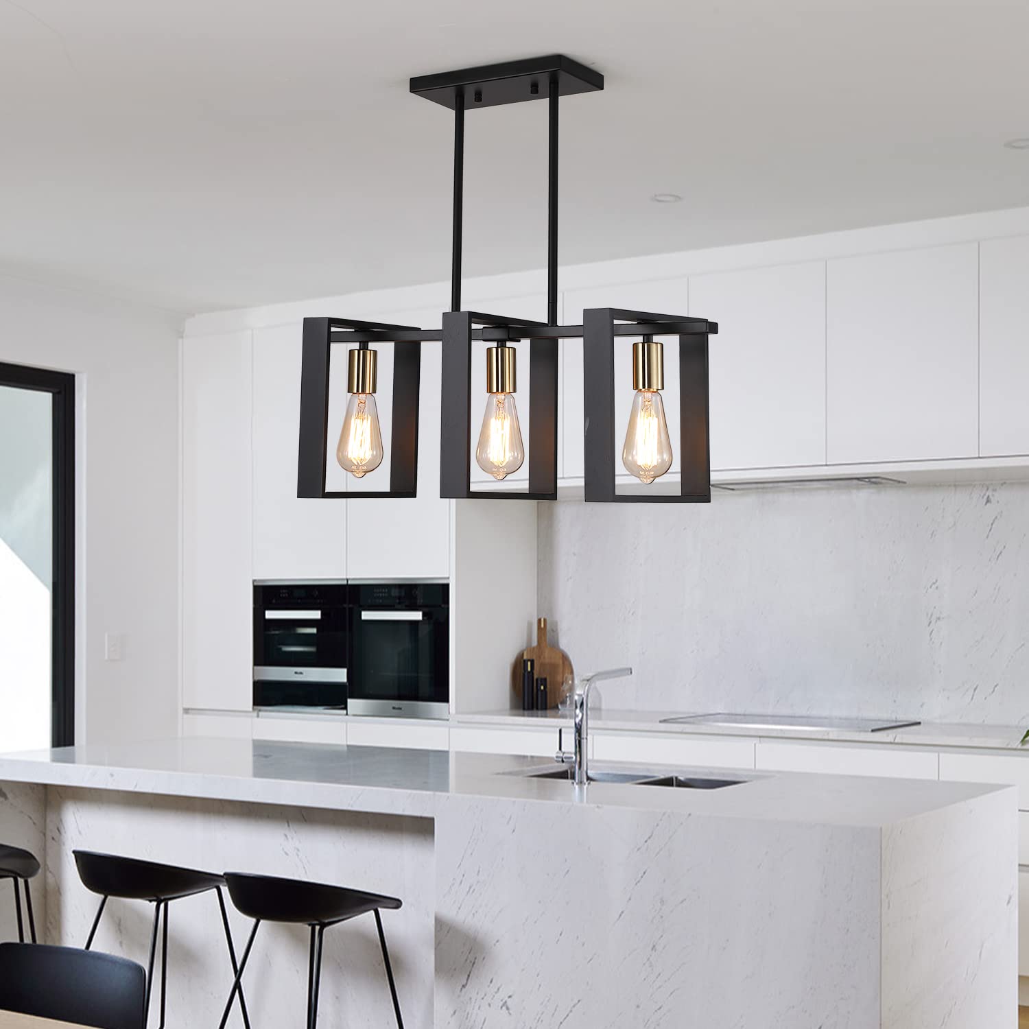 9MMML 3 Lights Kitchen Island Lighting, Modern Rectangle Linear Pendant Light, Black Frame+ Gold Socket Chandelier for Dining &Living Room Foyer Entryway Hallway,E26,Height Adjustable.