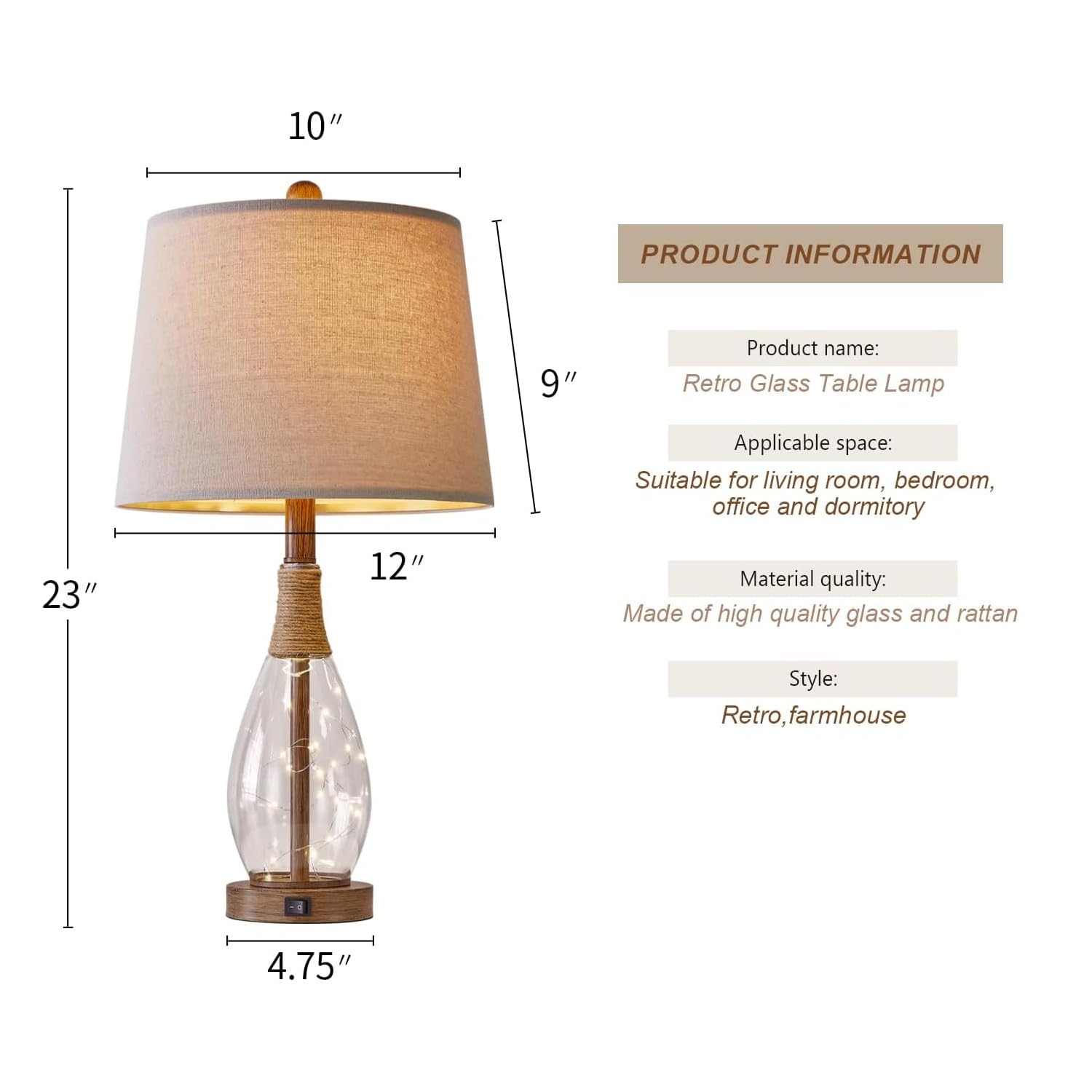 23" Table Lamps for Living Room Set of 2 Bedside Lamps for Night Stands Bedroom Lamps Farmhouse Rattan Boho Lamp Glass Nightlight End Table Lamp with USB C+A (White)