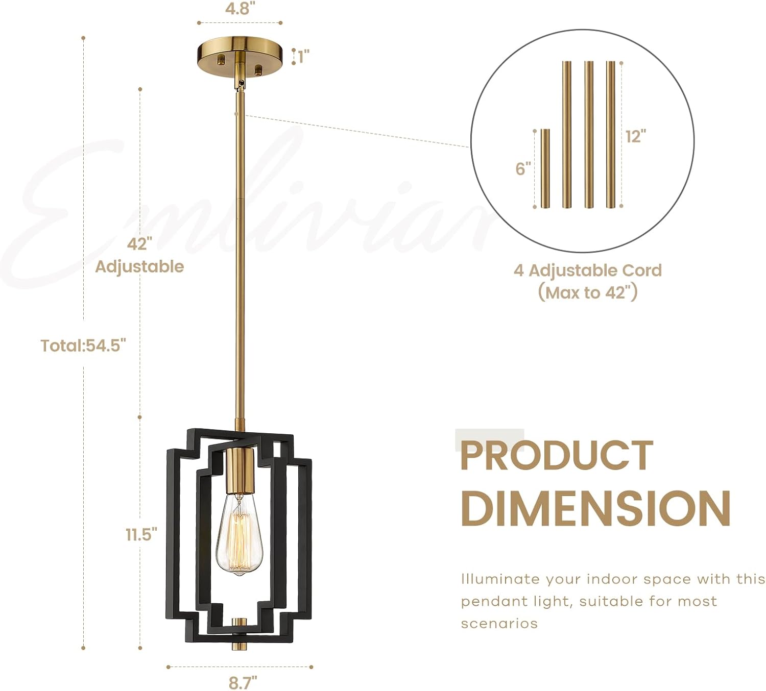 Industrial Pendant Light, 1-Light Kitchen Hanging Light Fixture Adjustable, Black and Gold Finish, JE1981M1L BK+G