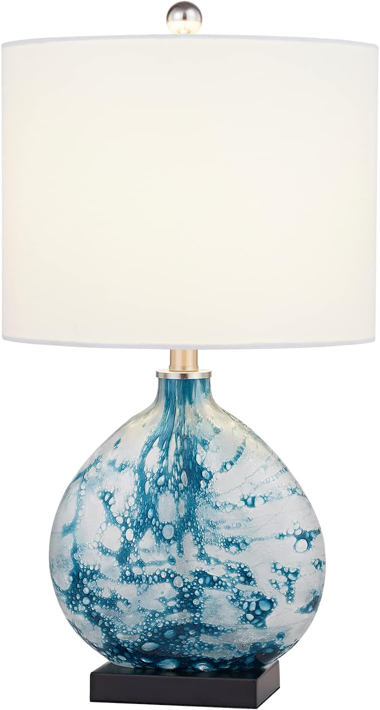 Maxax Coastal Glass Table Lamp, 3-Way Dimmable Blue Glass Bedside Lamp with White Drum Shade for Living Room Bedroom Nightstand