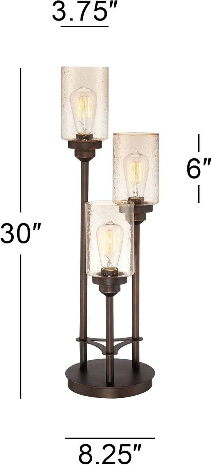 Modern Industrial Rustic Farmhouse Table Lamp 30" Tall Full Size Bronze Metal 3-Light LED Amber Seeded Cylinder Glass for Living Room Bedroom House Bedside Nightstand