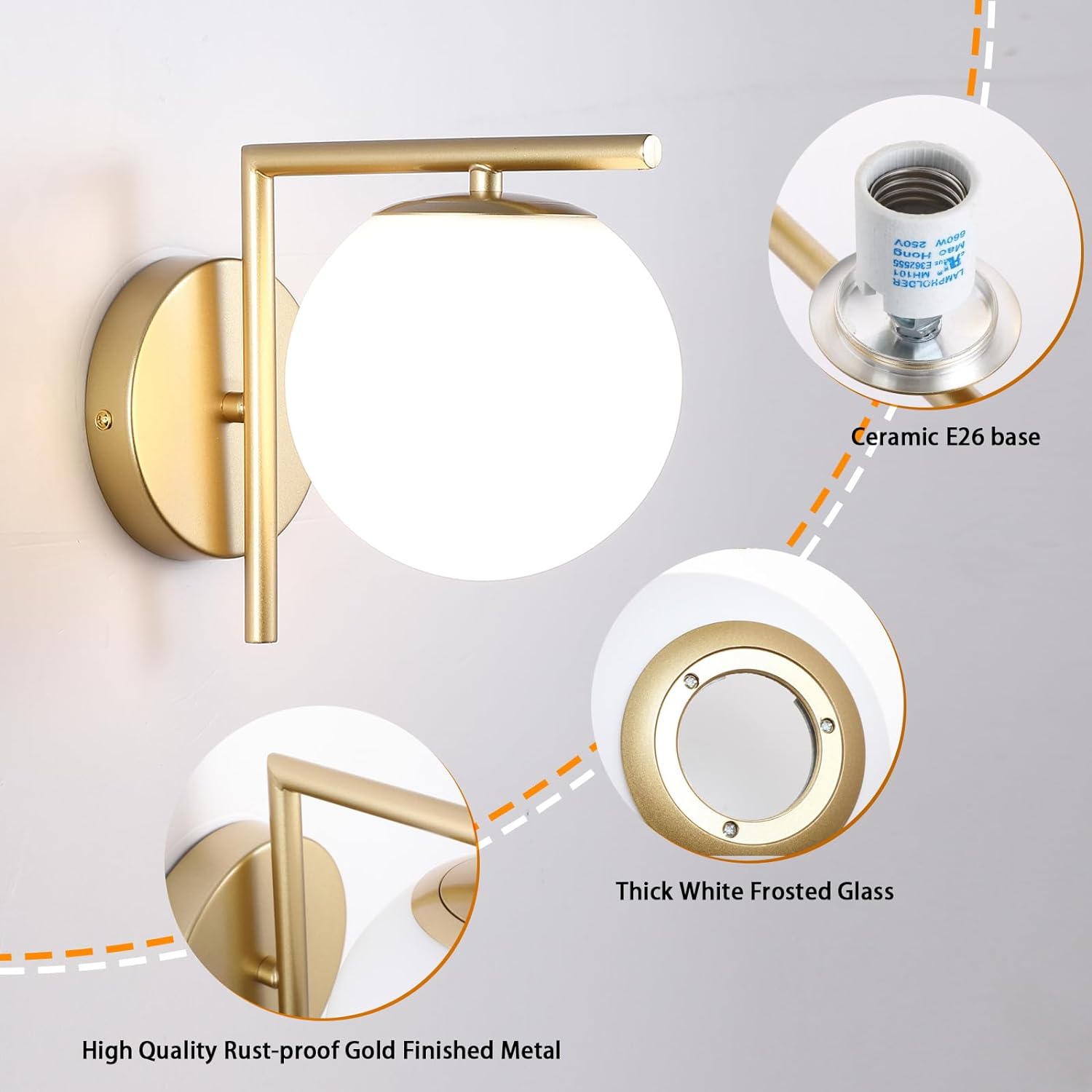 Gold Mid Century Wall Sconces Set of Two,Modern Sconces Wall Lighting Decor with Globe Milky White Glass Shade for Bedroom Kitchen Hallway Living Room Bathroom Vanity Light Fixture